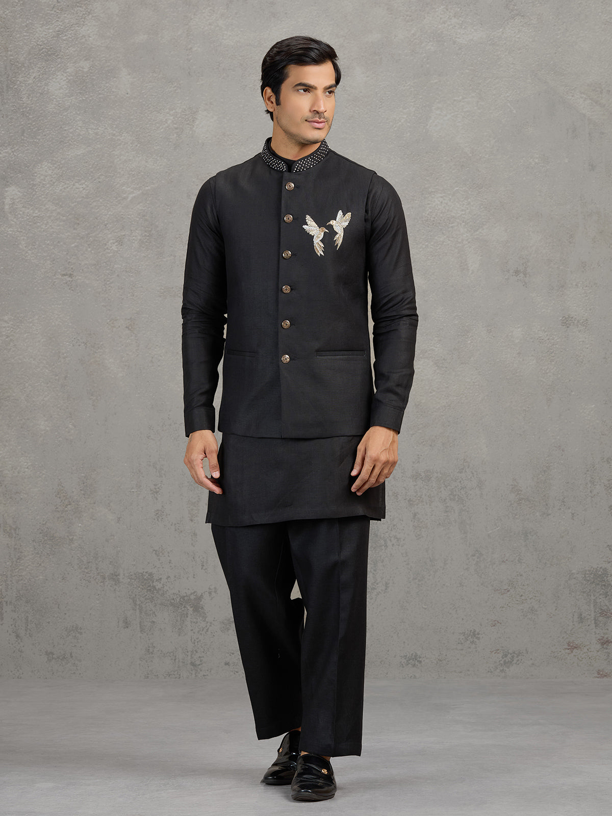 Black linen waistcoat set for wedding wear