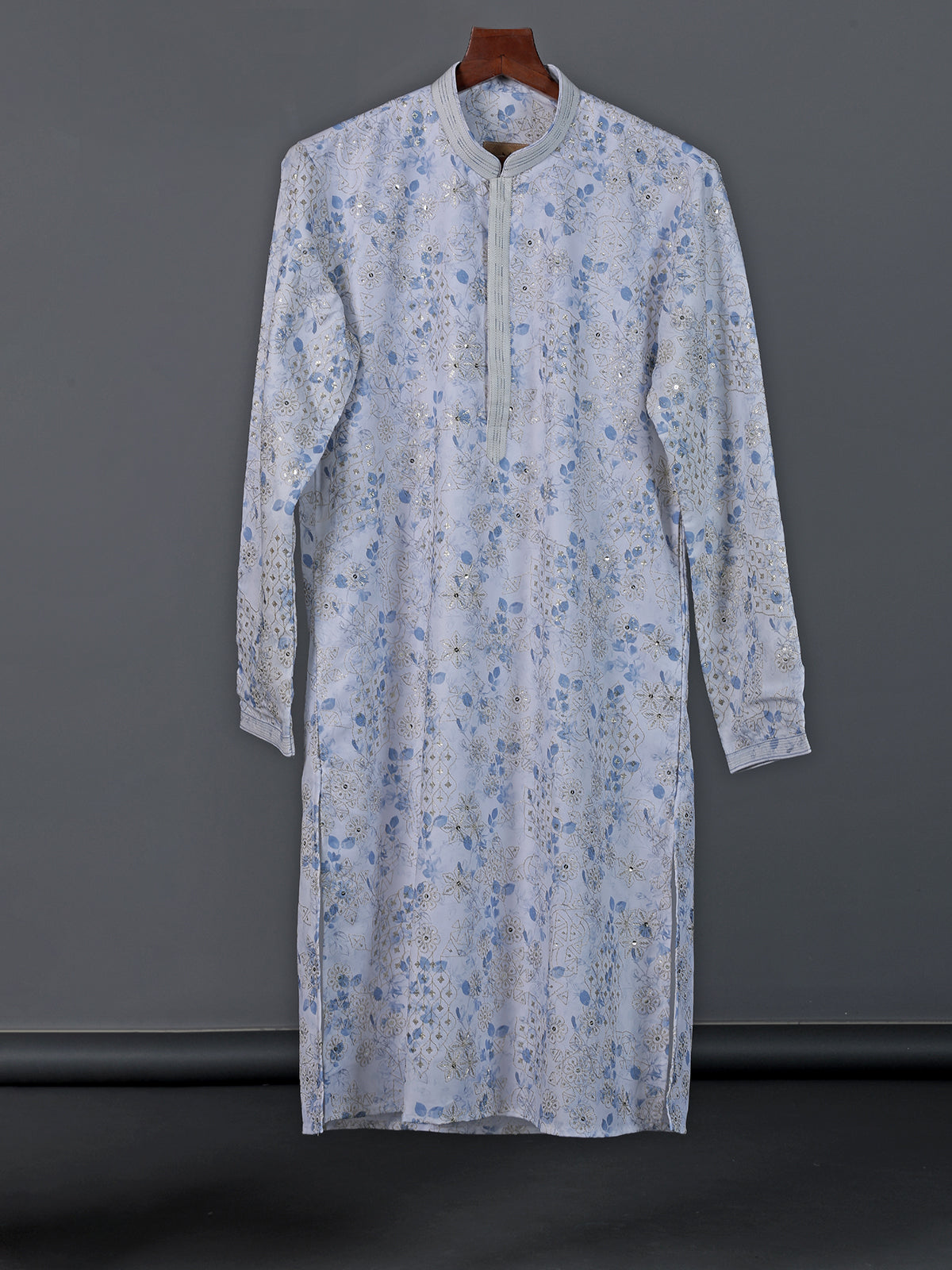 White floral printed cotton silk resham work kurta suit