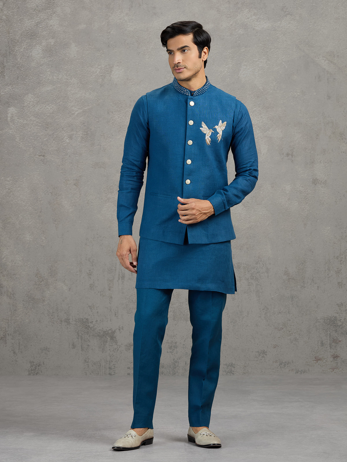 Teal blue reception wear linen waistcoat set