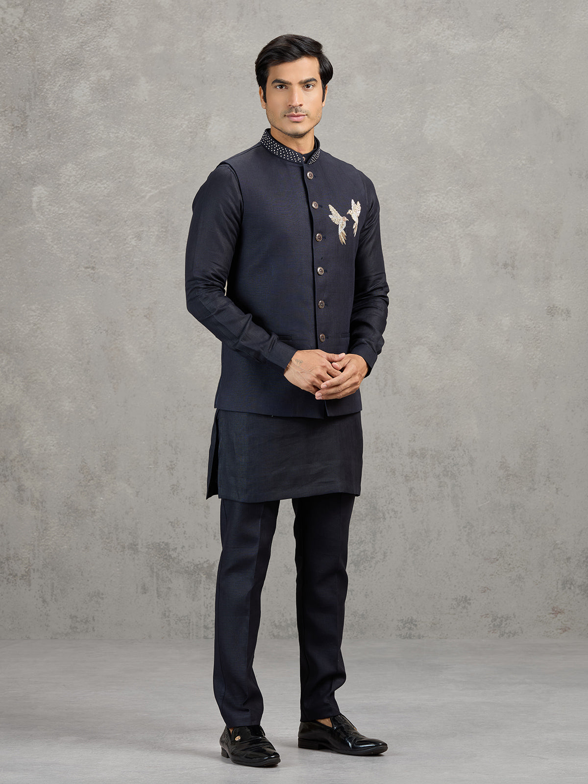 Navy blue linen waistcoat set for men