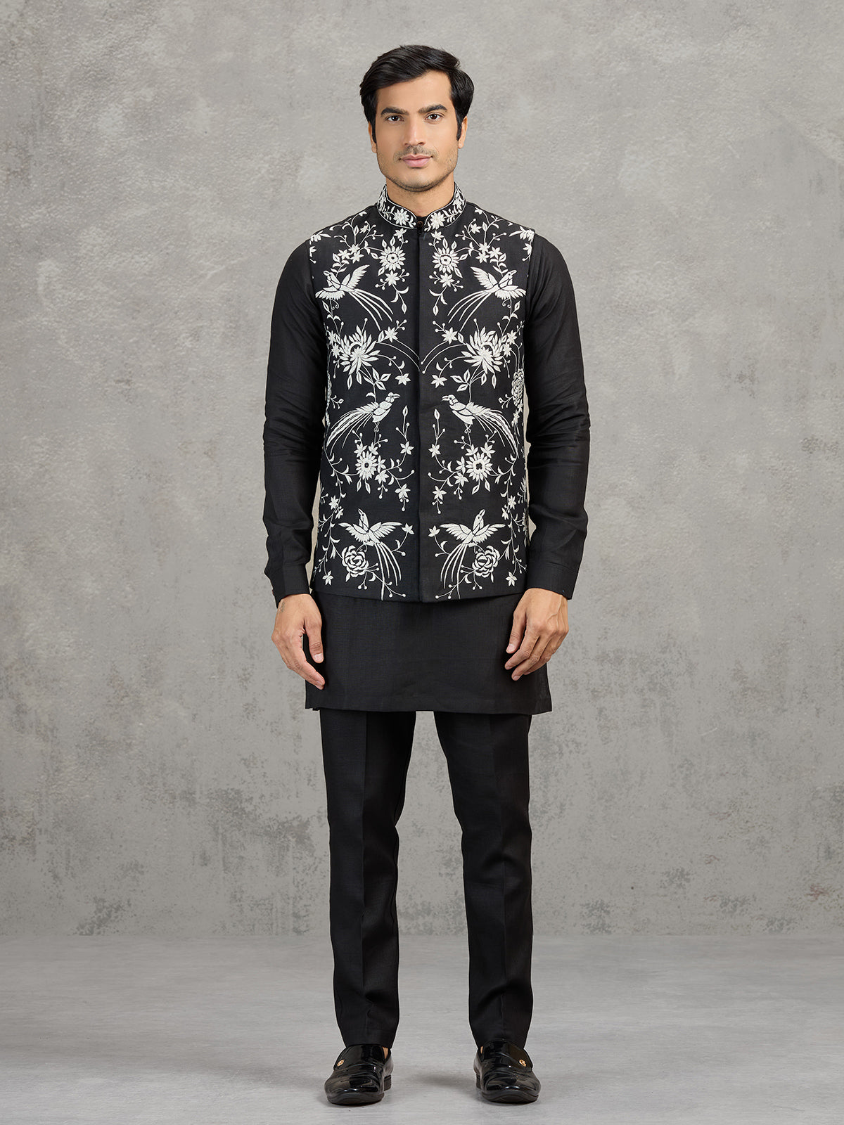 Black linen waistcoat set with intricate resham embroidery