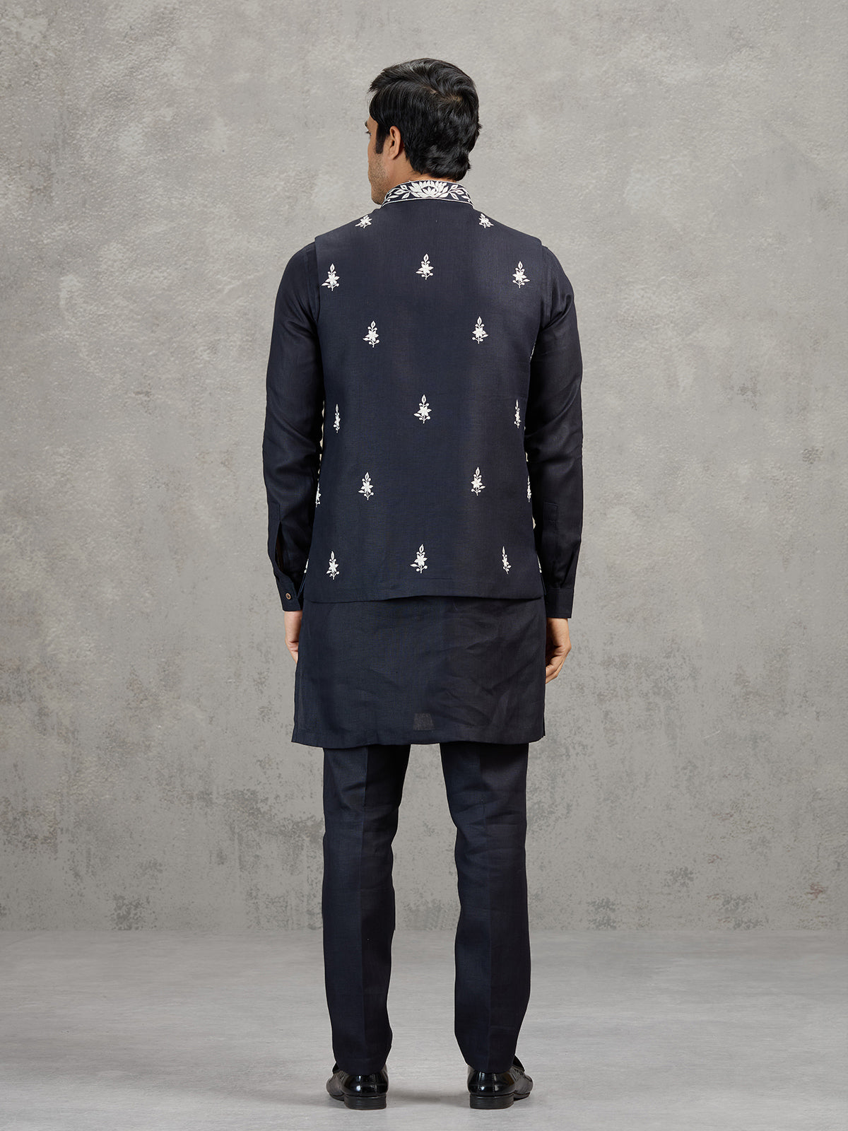 Navy linen waistcoat set with detailed resham work