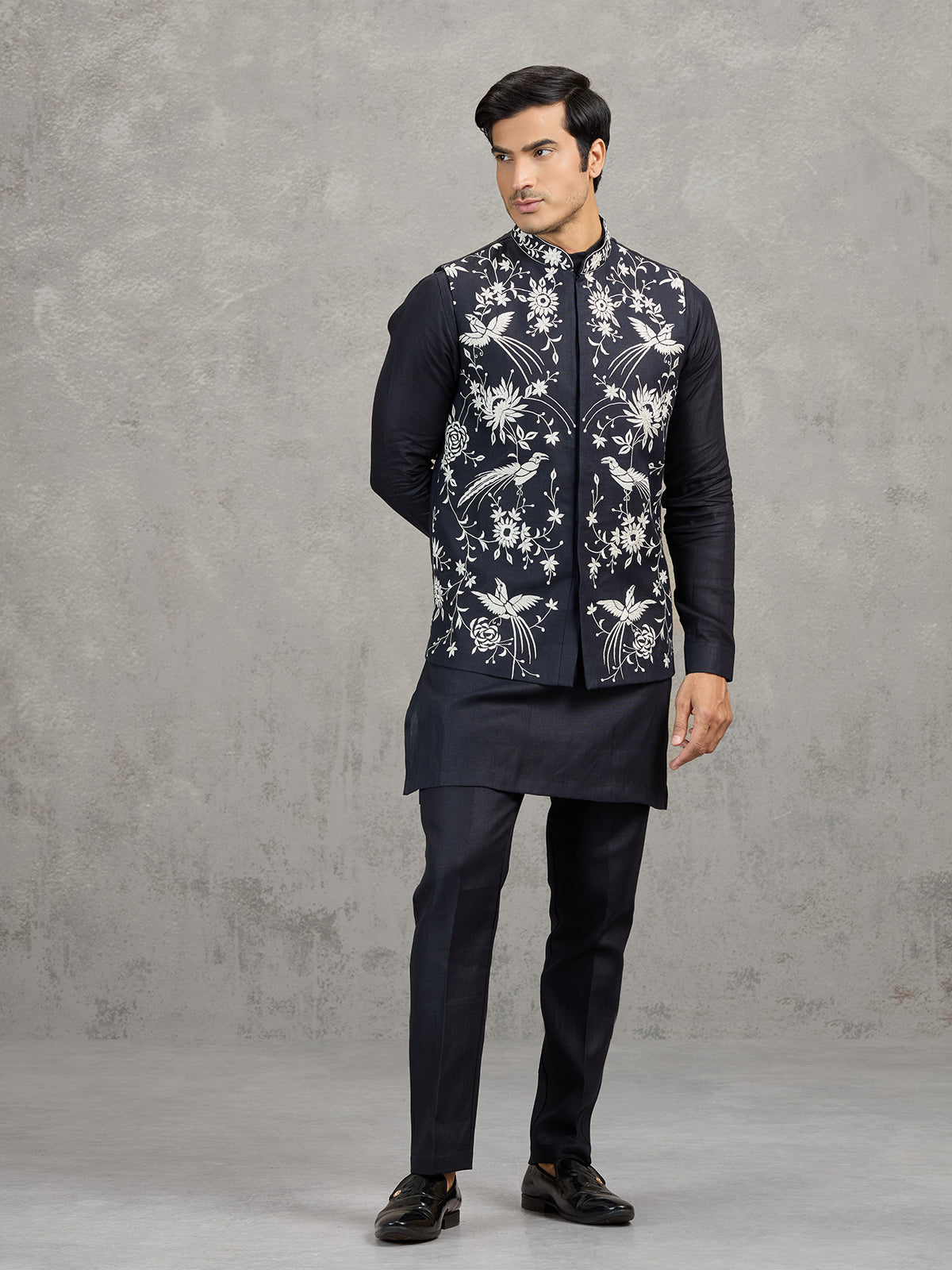 Navy linen waistcoat set with detailed resham work