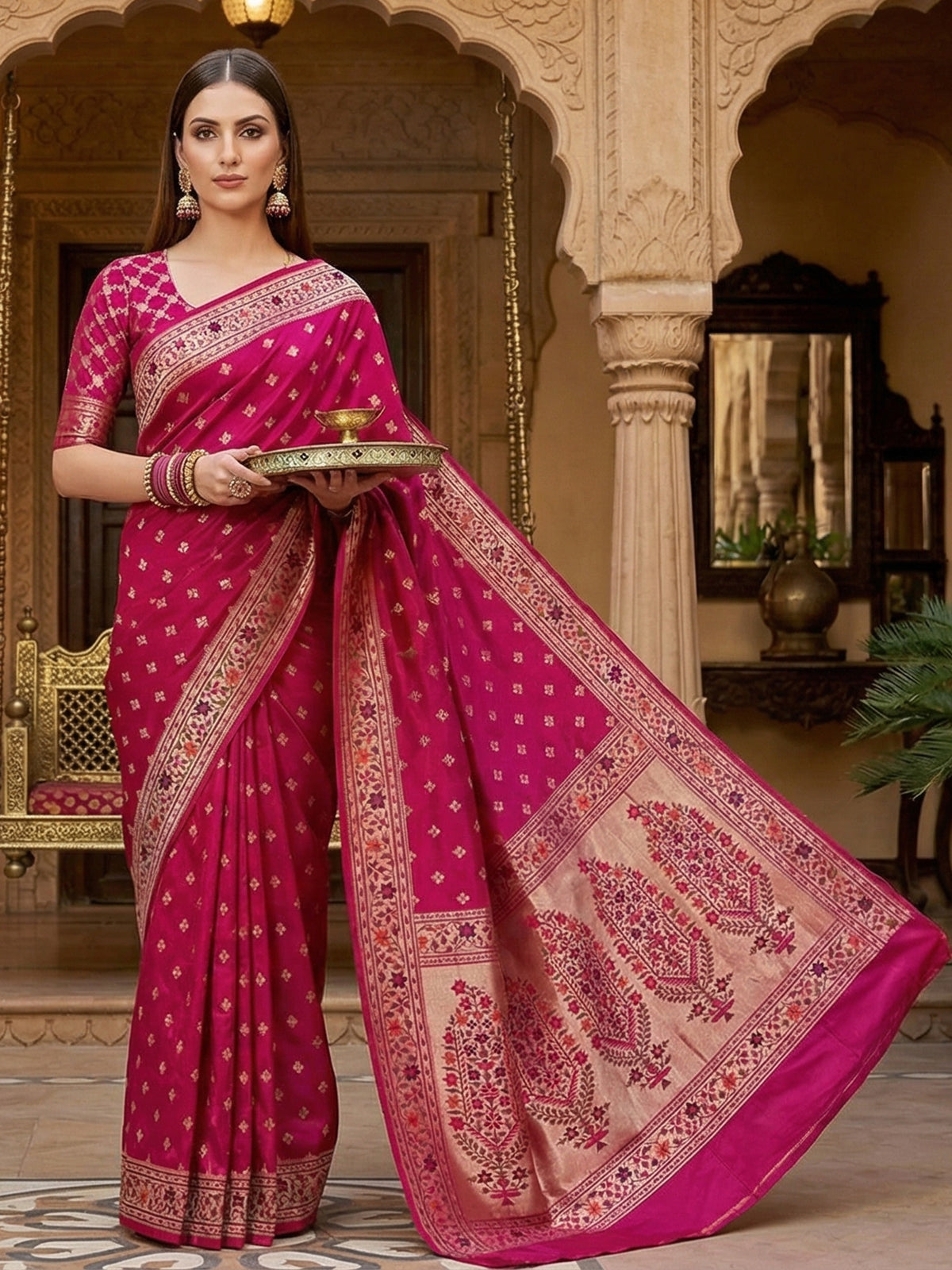 Rani pink pure banarasi silk floral bird festive saree