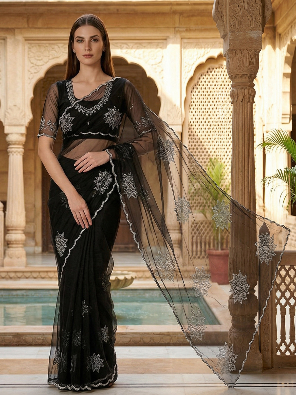 Black net cutdana embellished party wear saree