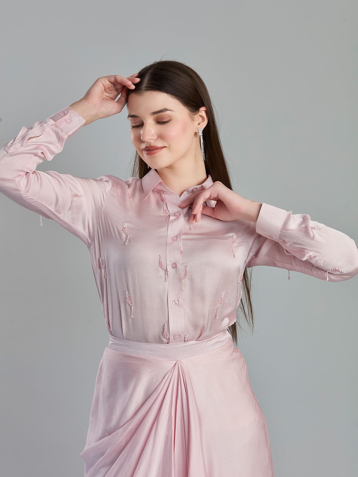 Graceful blush pink satin silk designer drape skirt set