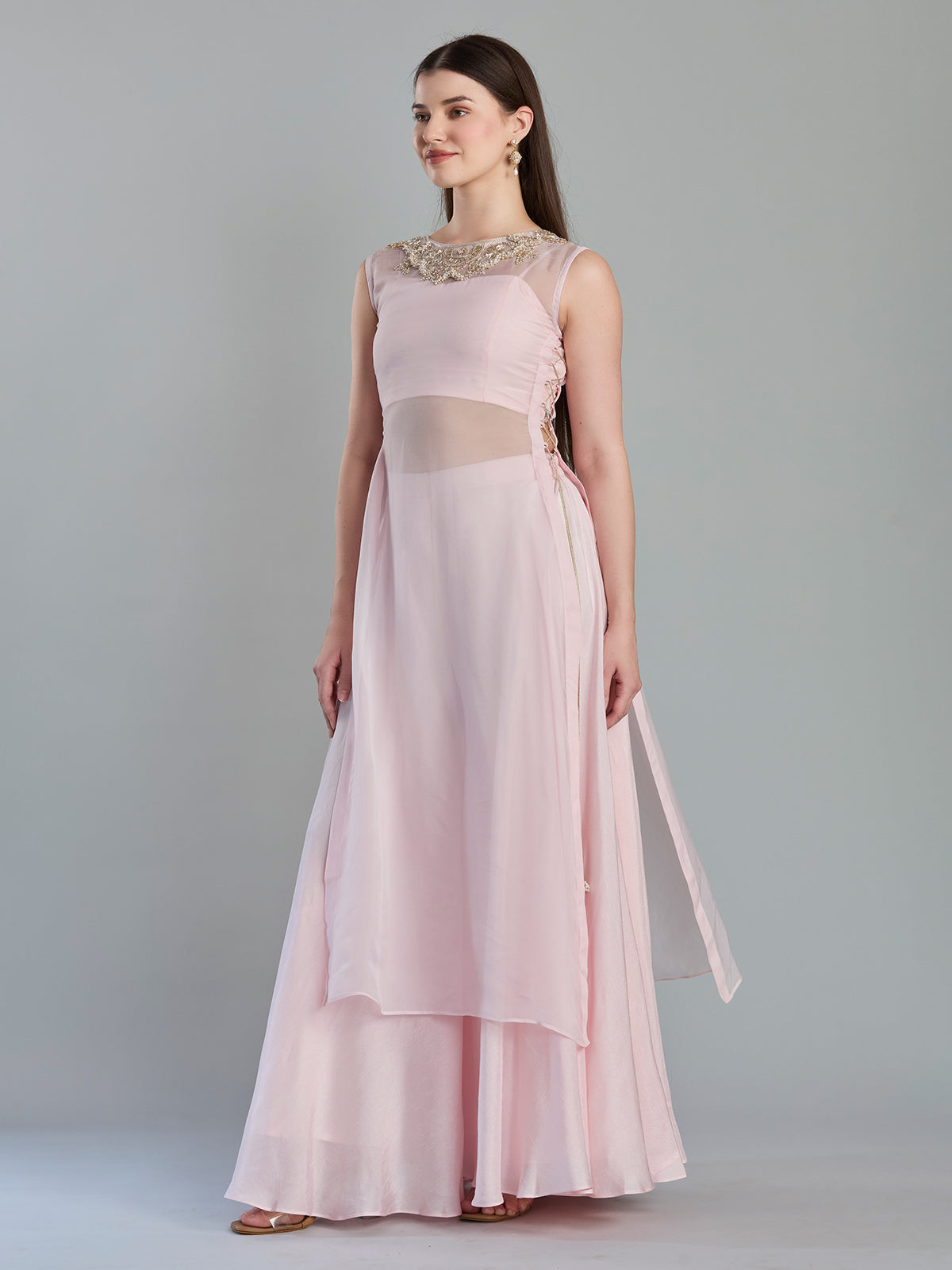 Charming blush pink organza designer kurti palazzo set