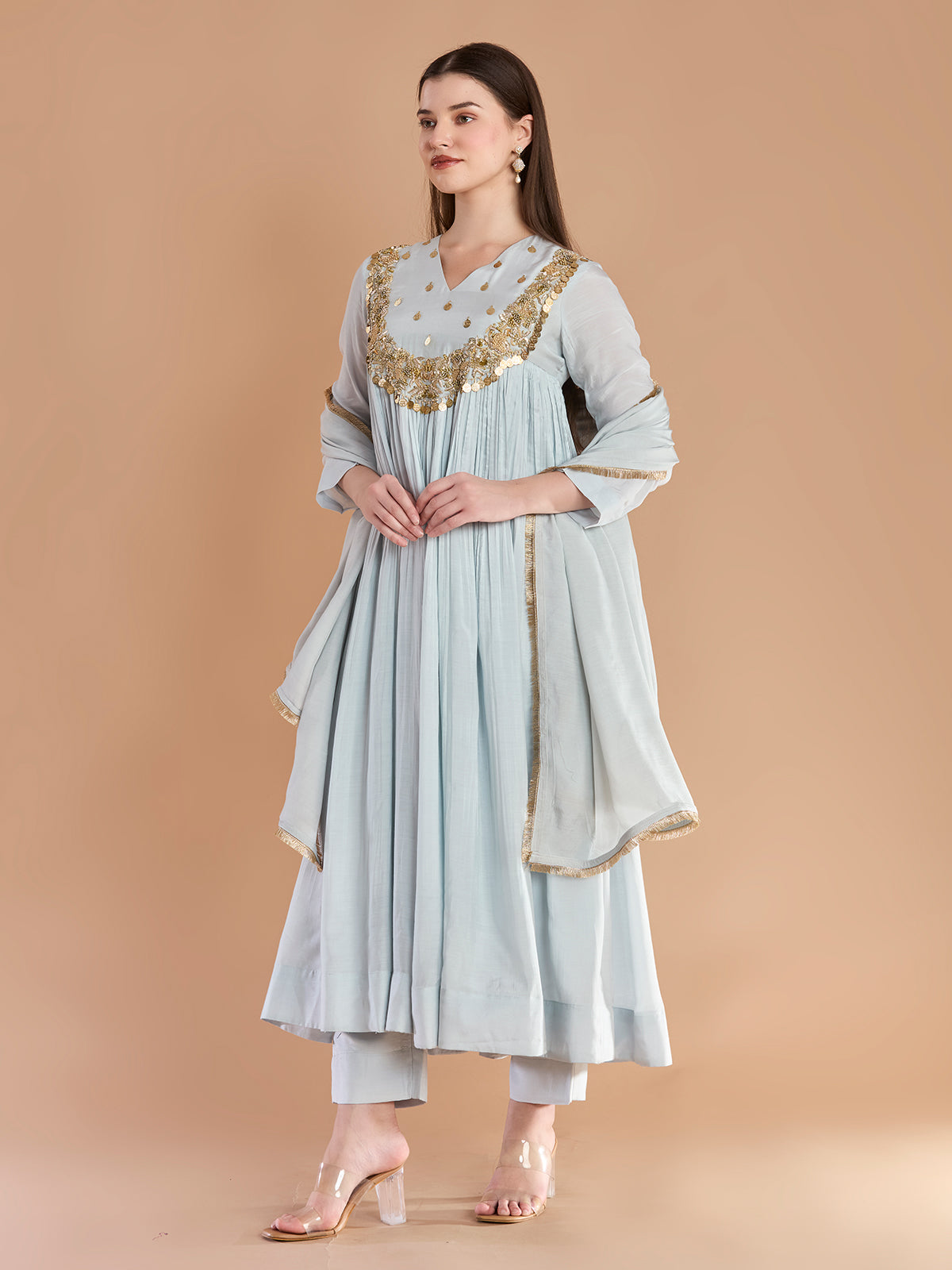 Graceful blue georgette anarkali festive wear with dupatta