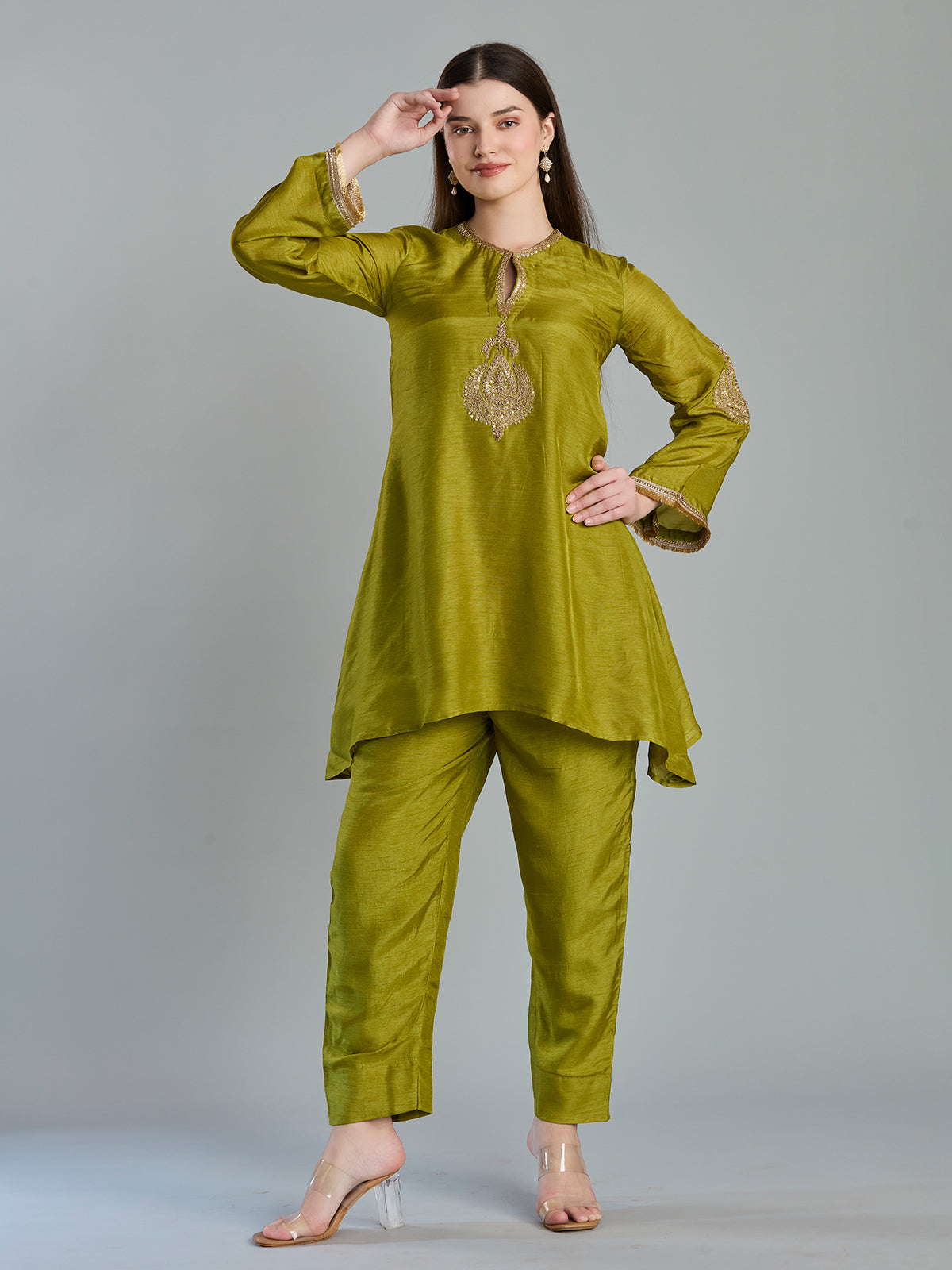 Refined light olive chanderi apple cut salwar suit
