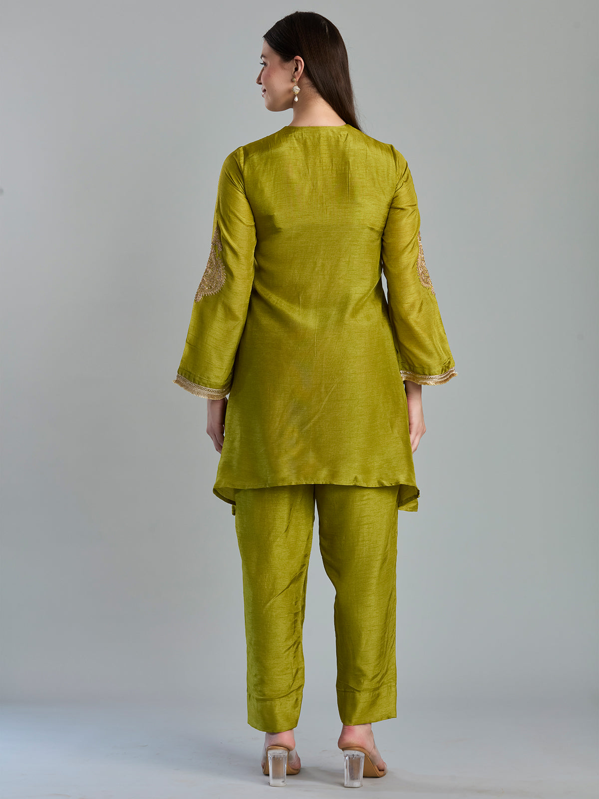 Refined light olive chanderi apple cut salwar suit