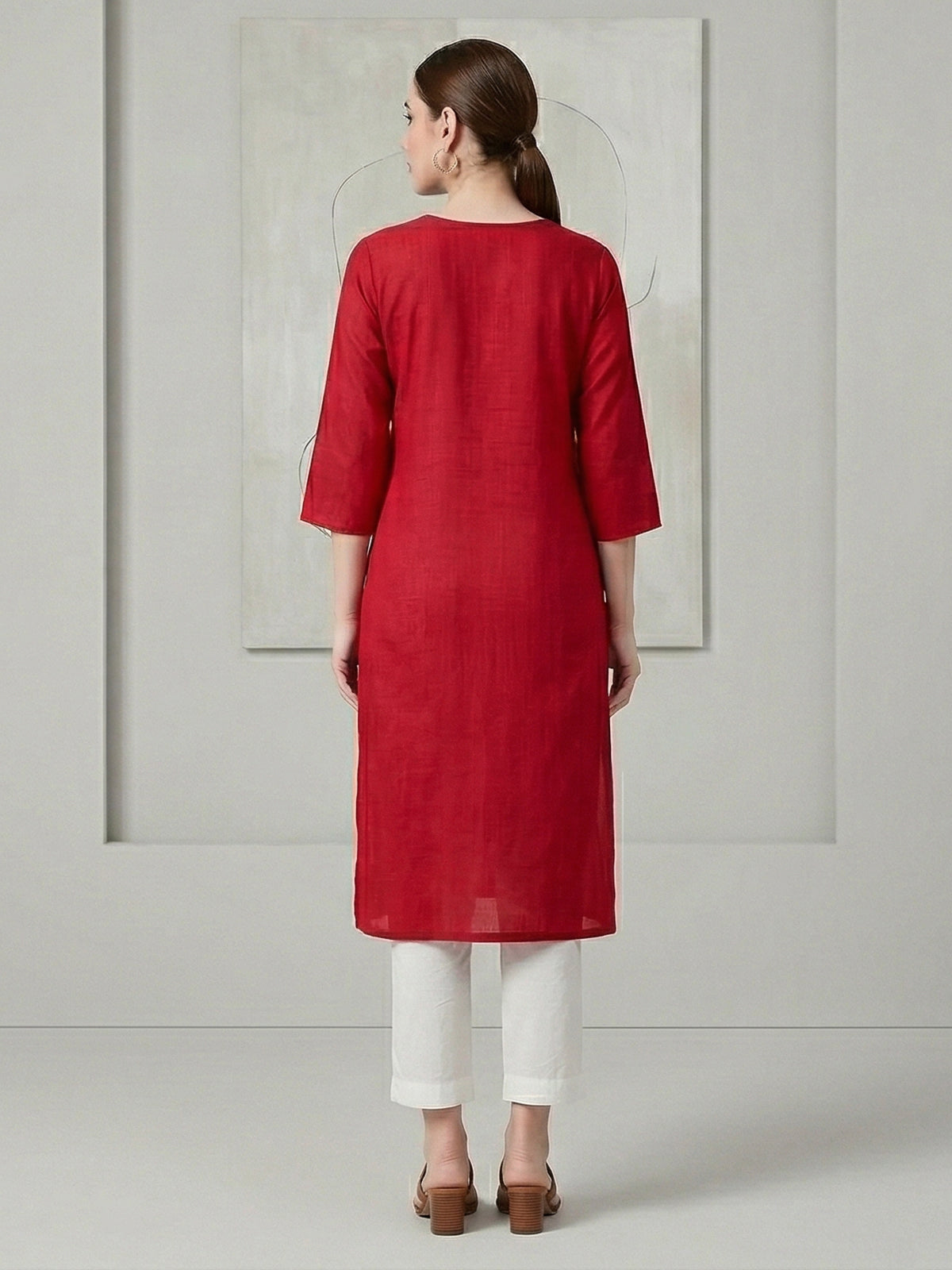 Red tone on tone embroidered cotton silk kurti