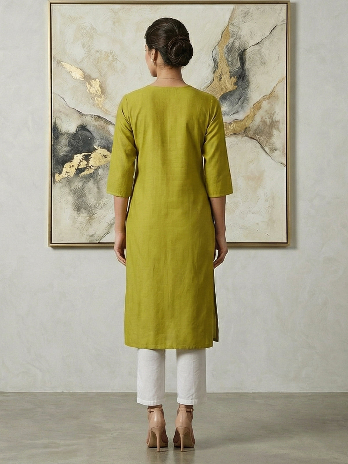 Parrot green tone on tone embroidered cotton silk kurti