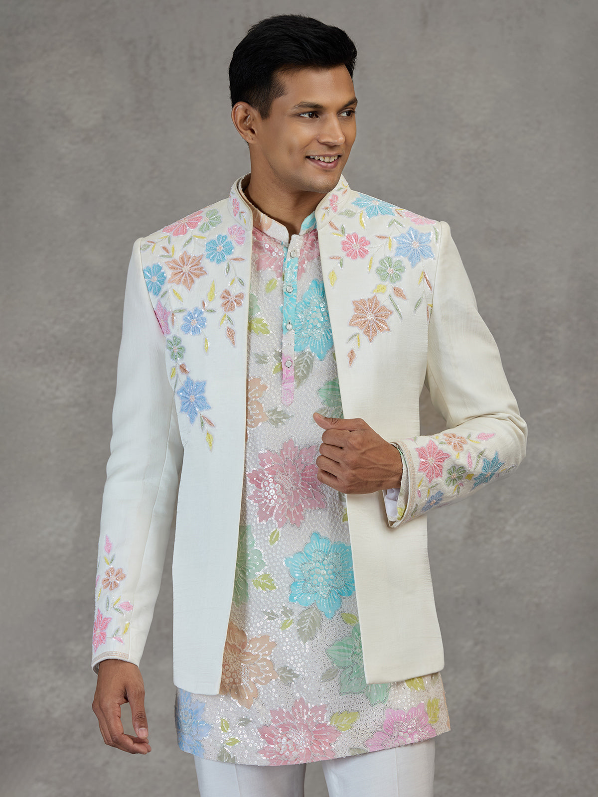 Cream silk reception wear Indowestern ensemble