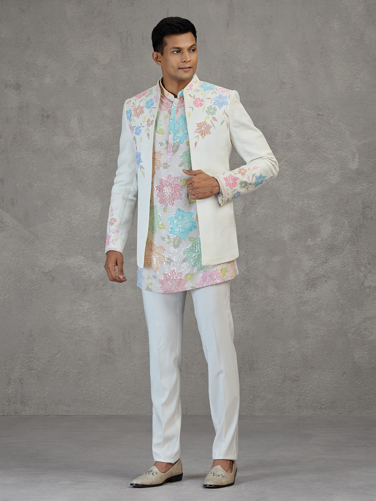 Cream silk reception wear Indowestern ensemble