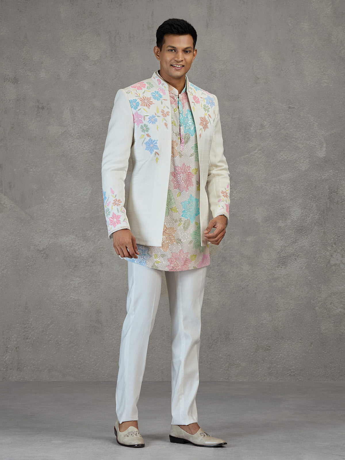 Cream silk reception wear Indowestern ensemble
