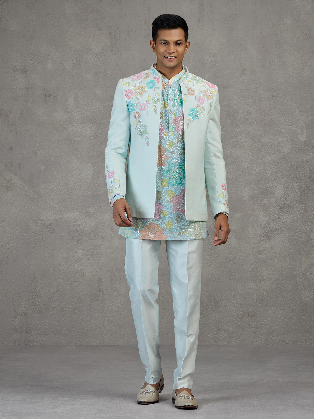 Sky blue silk Indowestern set for reception wear