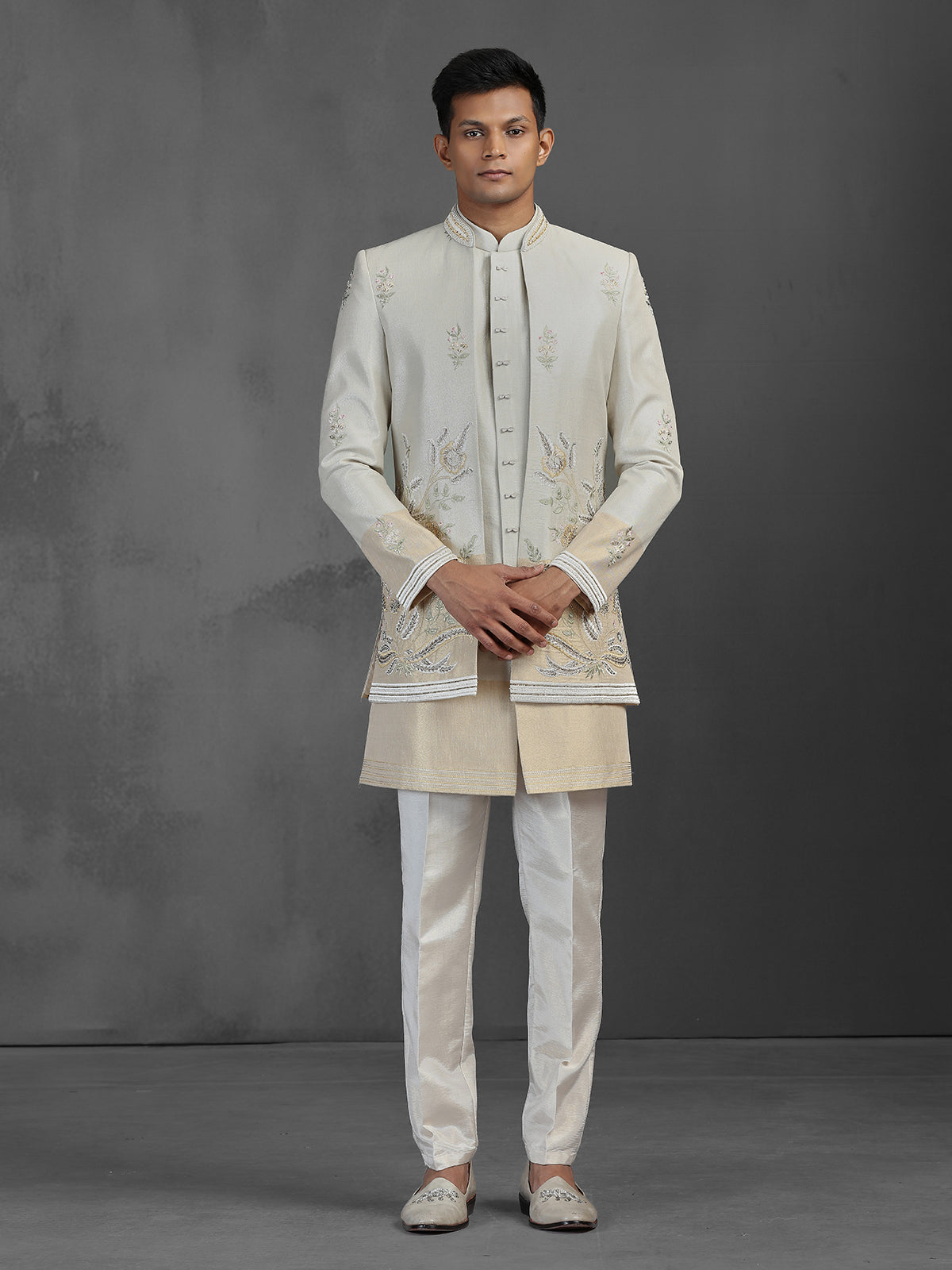 Beige and gold silk jacquard Indowestern set with intricate embellishments