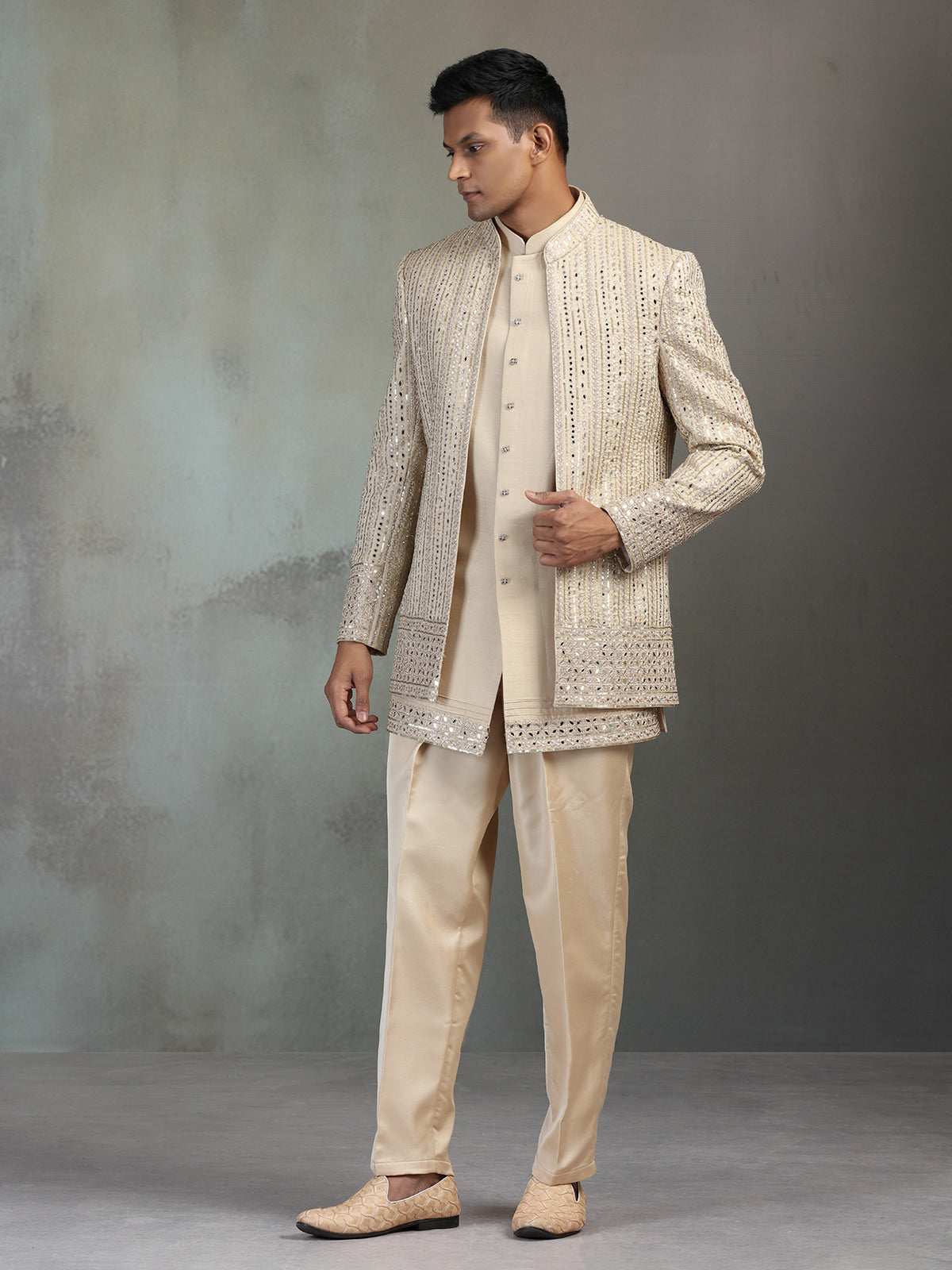 Gold mirror worked silk blend Indowestern set for men