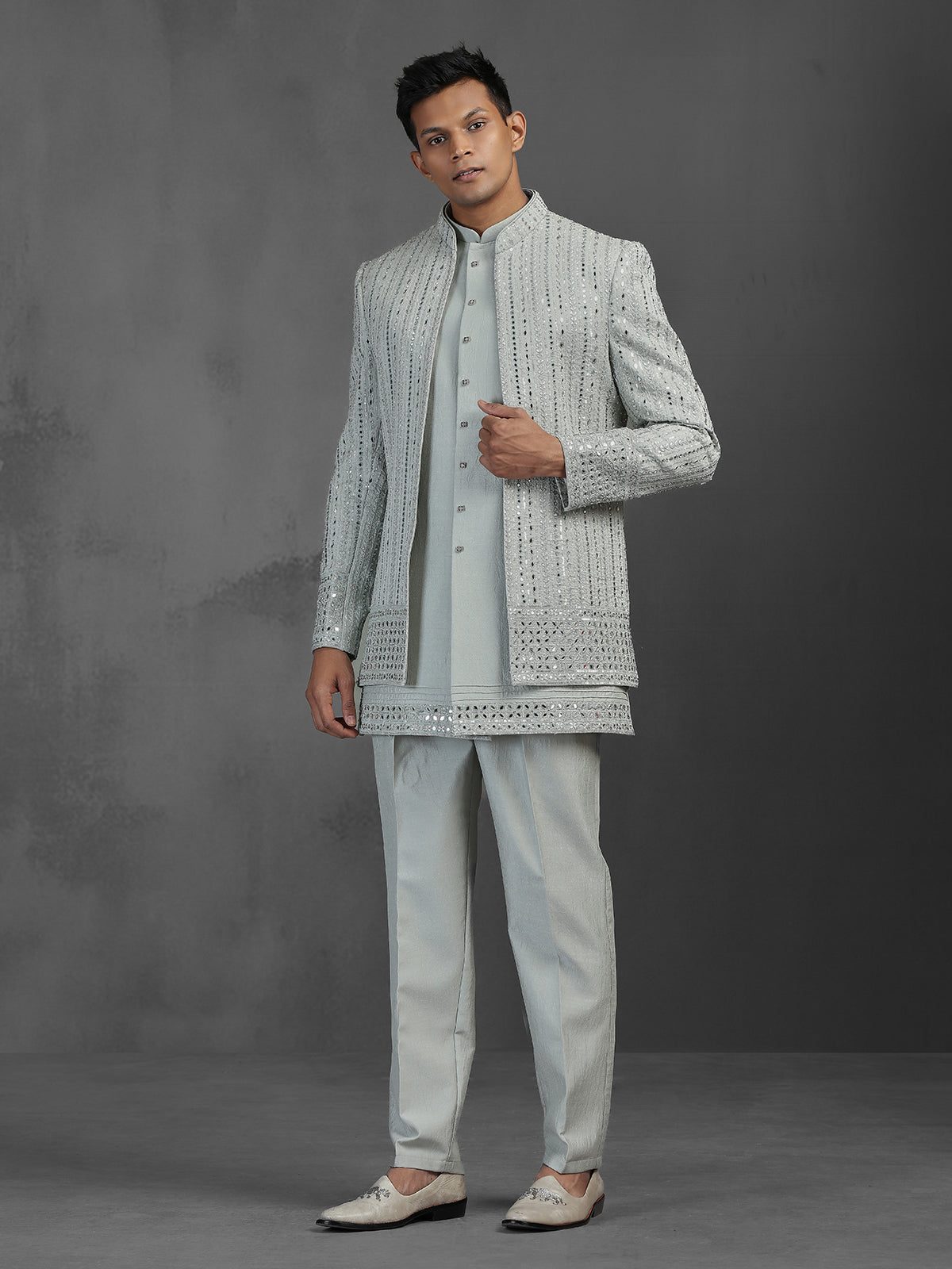 Pearl grey with pista tone mirror worked silk blend Indowestern set for reception