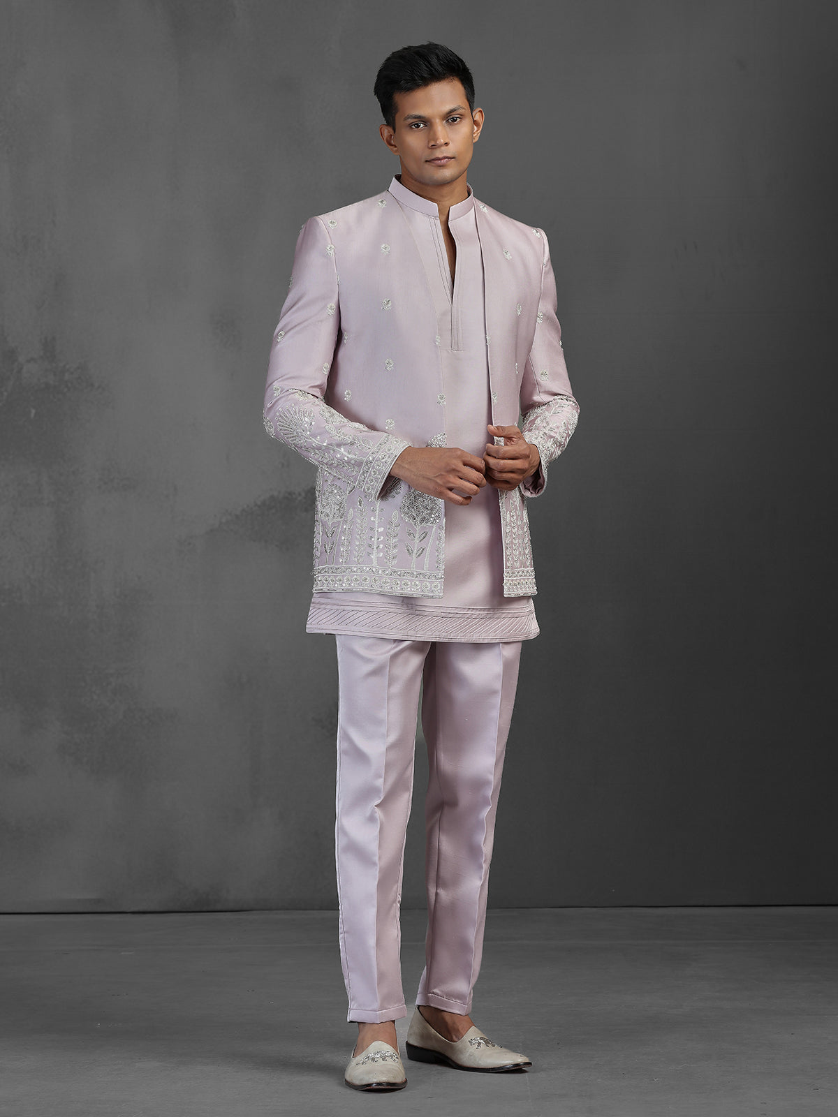 Lilac purple silk Indowestern set for wedding ceremonies