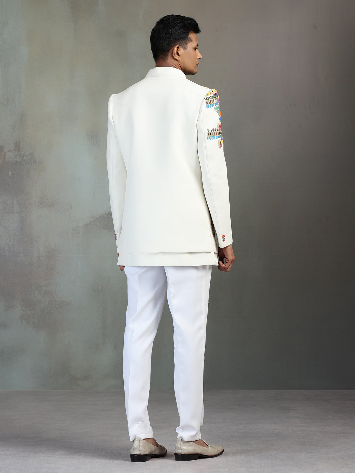 Off white terry rayon Indowestern set with multicolor bead detailing