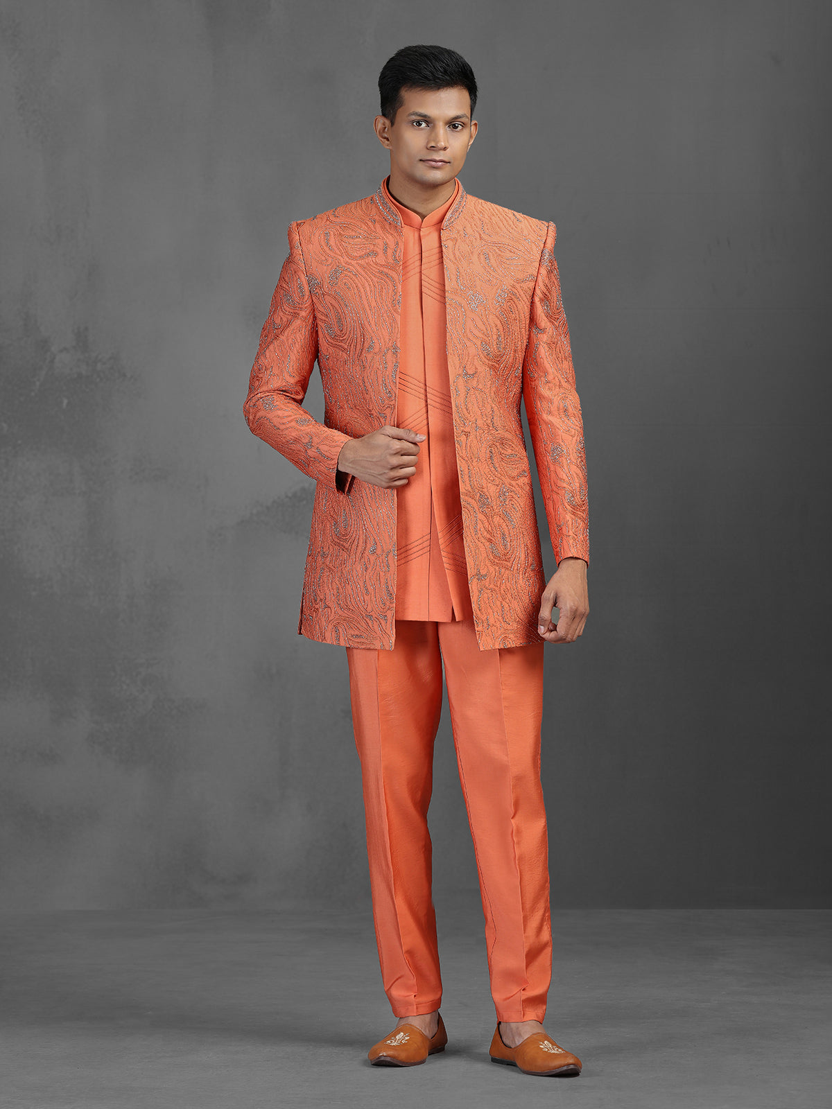 Orange cutdana worked silk Indowestern set