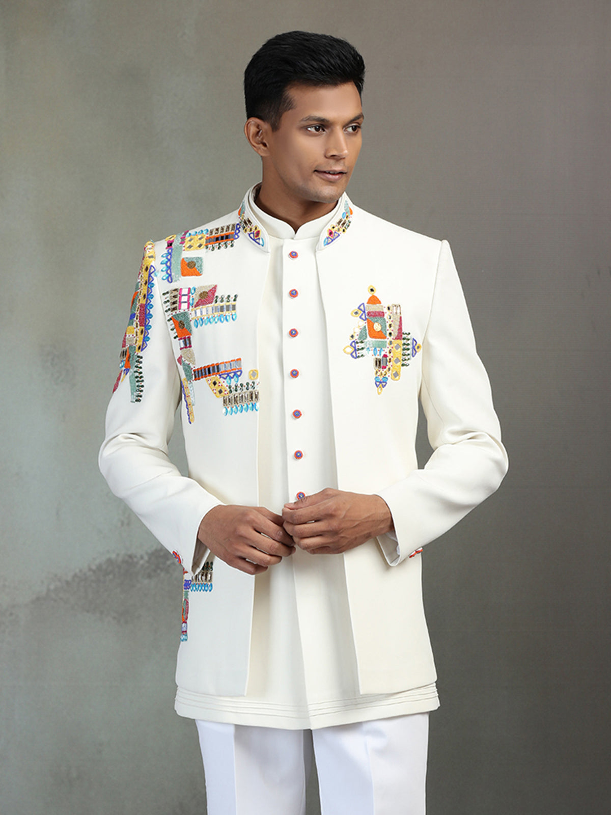 Off white terry rayon Indowestern set with multicolor bead detailing