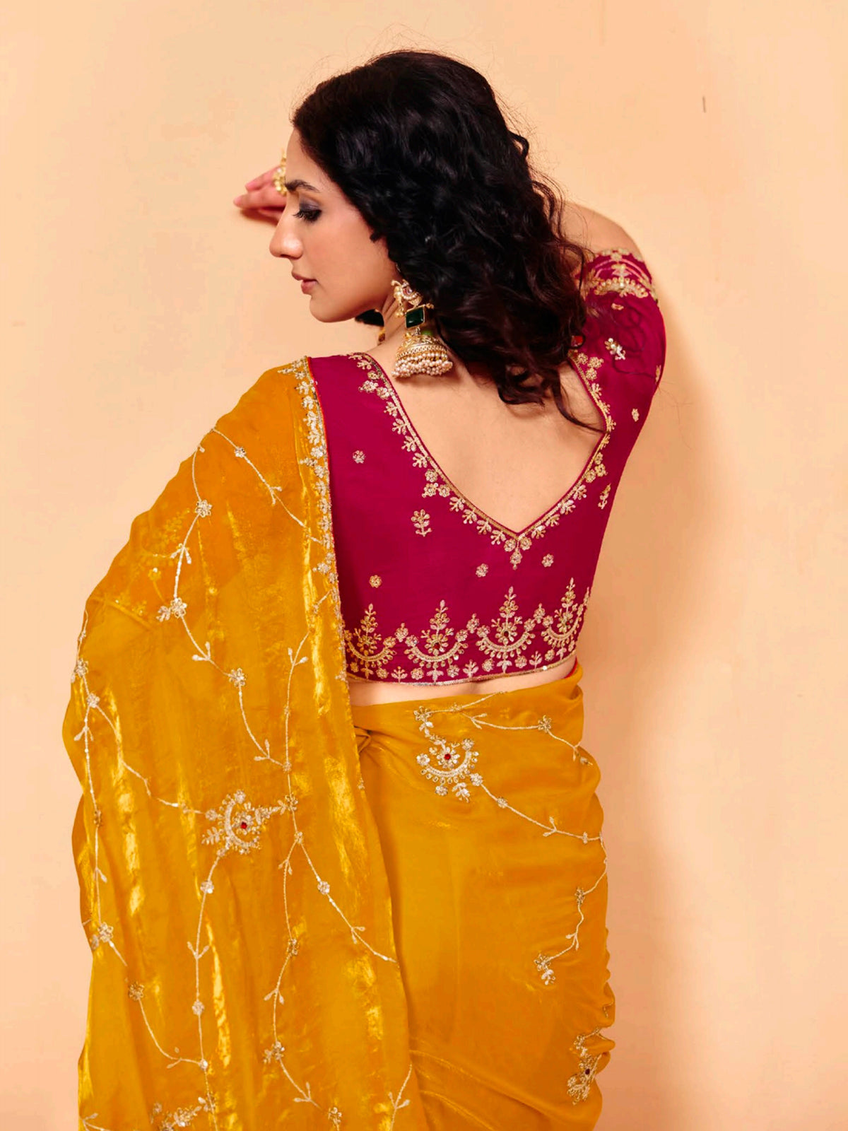 Mustard yellow tissue silk embroidered work festive wear saree