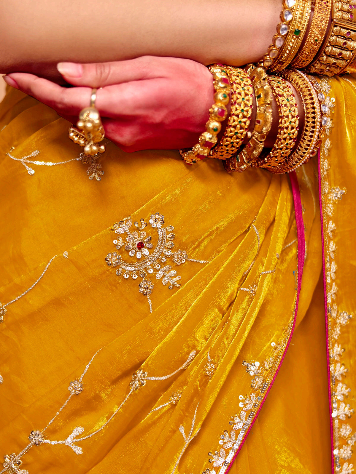 Mustard yellow tissue silk embroidered work festive wear saree