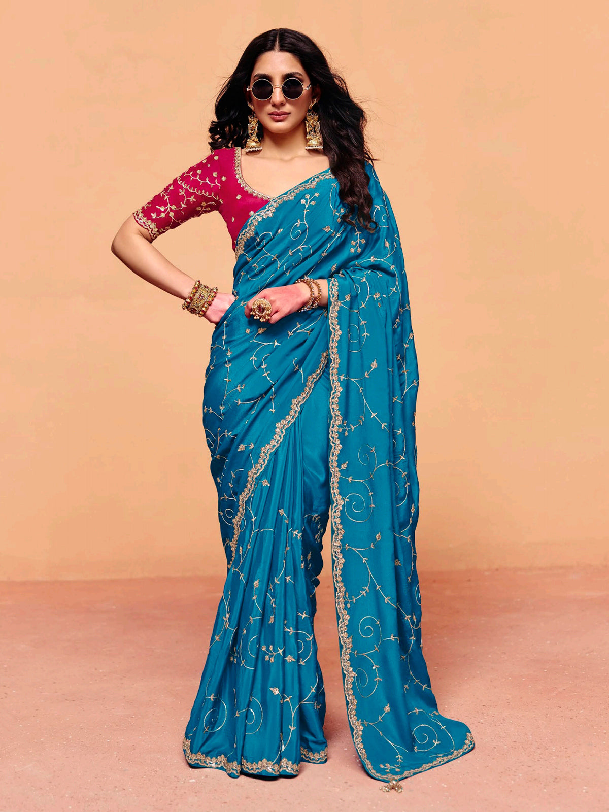Aqua blue tissue silk embroidered work occasion wear saree