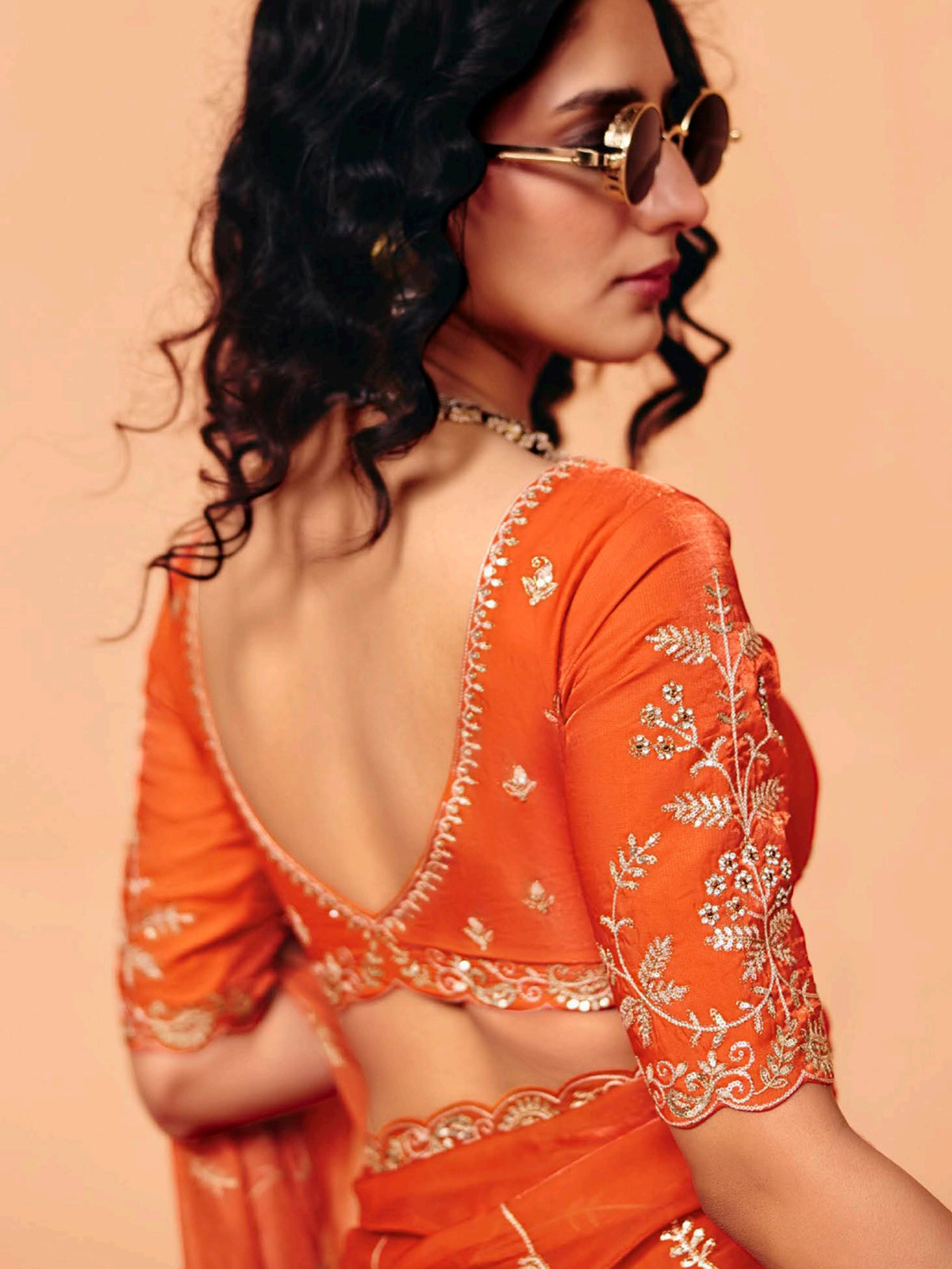 Rust orange tissue silk festive embroidered work saree