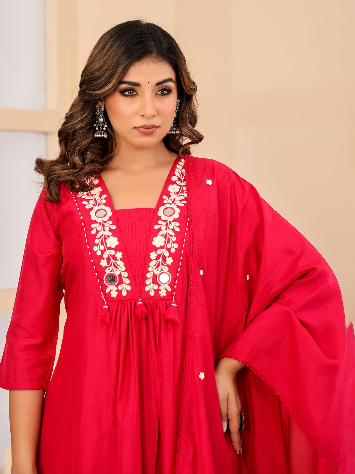 Red silk mirror work festive kurti set with dupatta