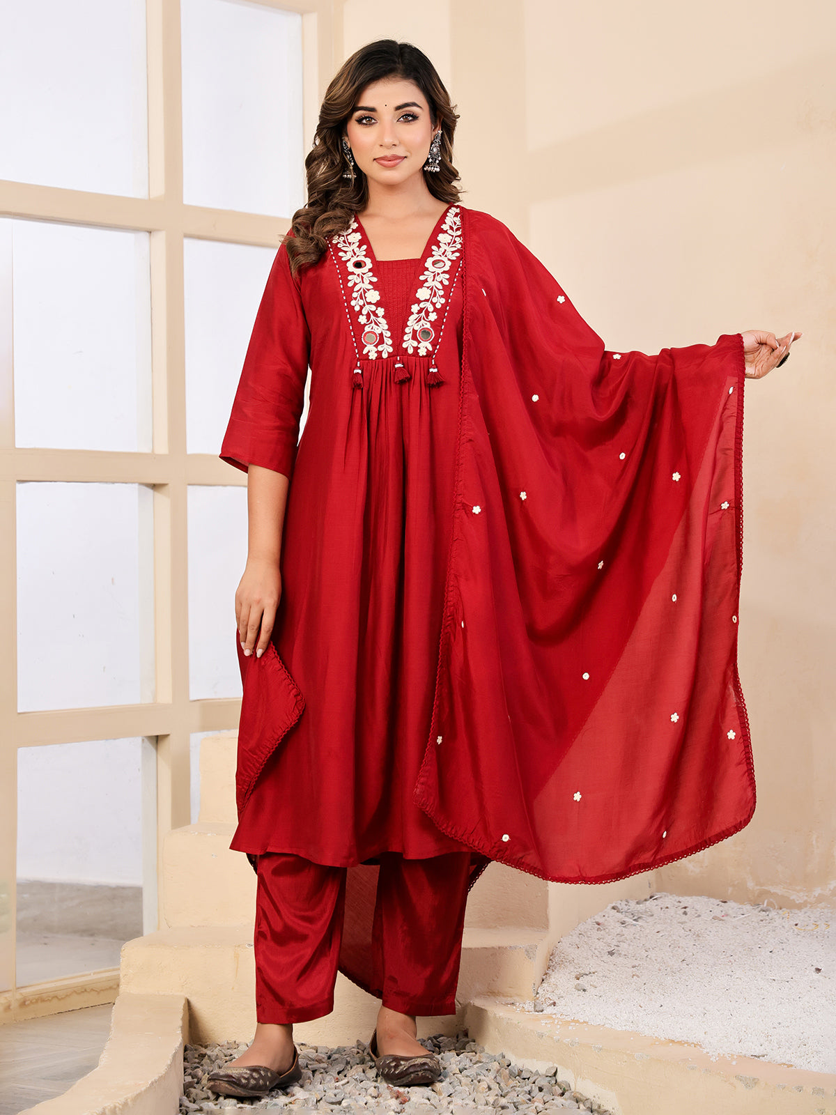 Maroon silk mirror thread work festive kurti set