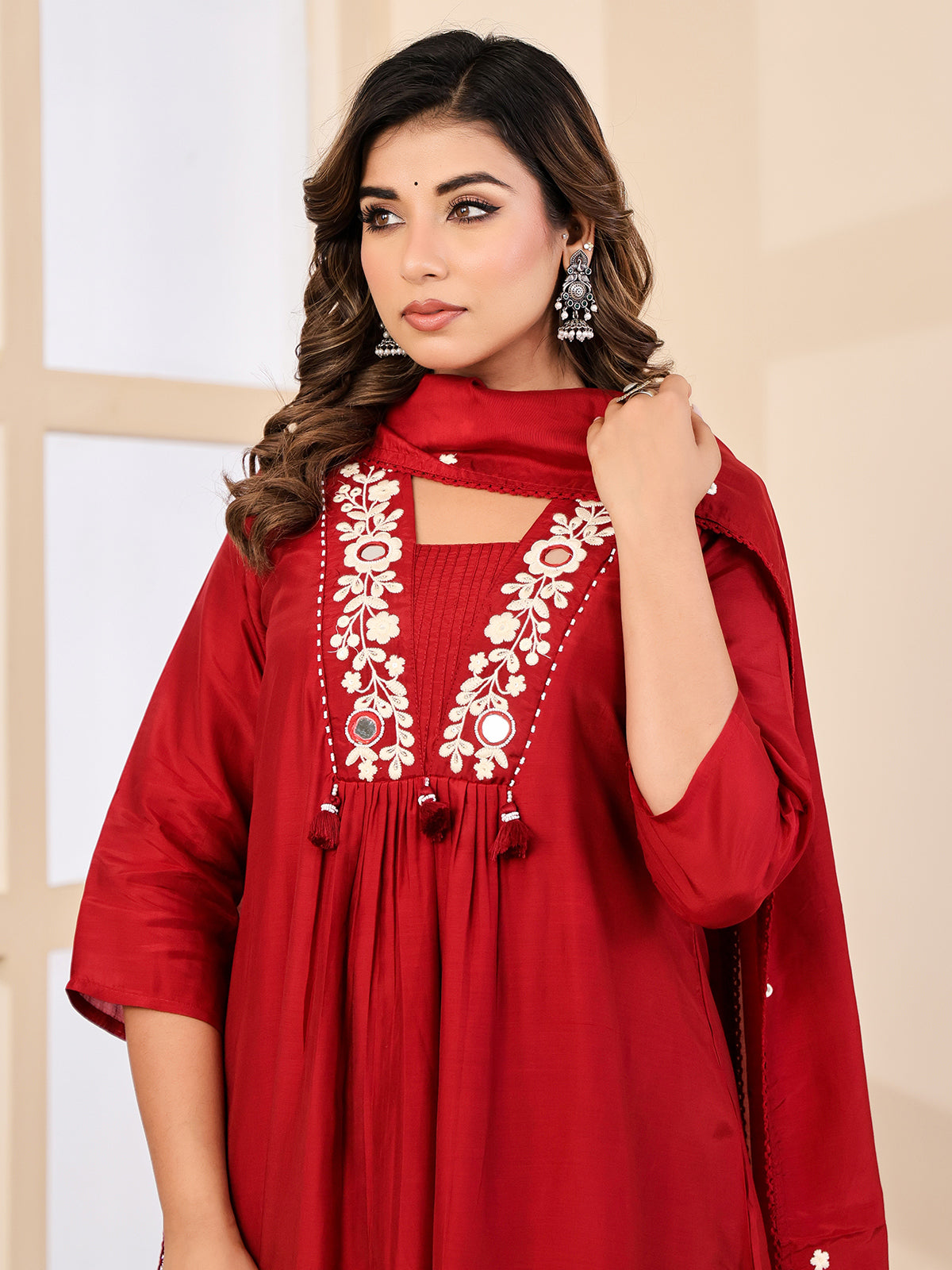 Maroon silk mirror thread work festive kurti set