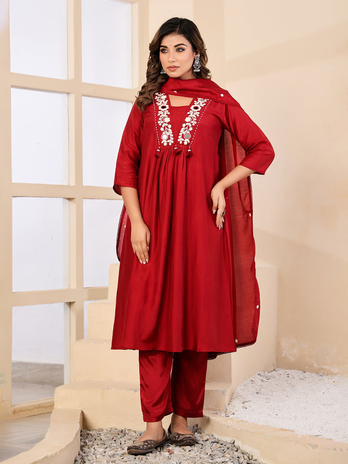 Maroon silk mirror thread work festive kurti set