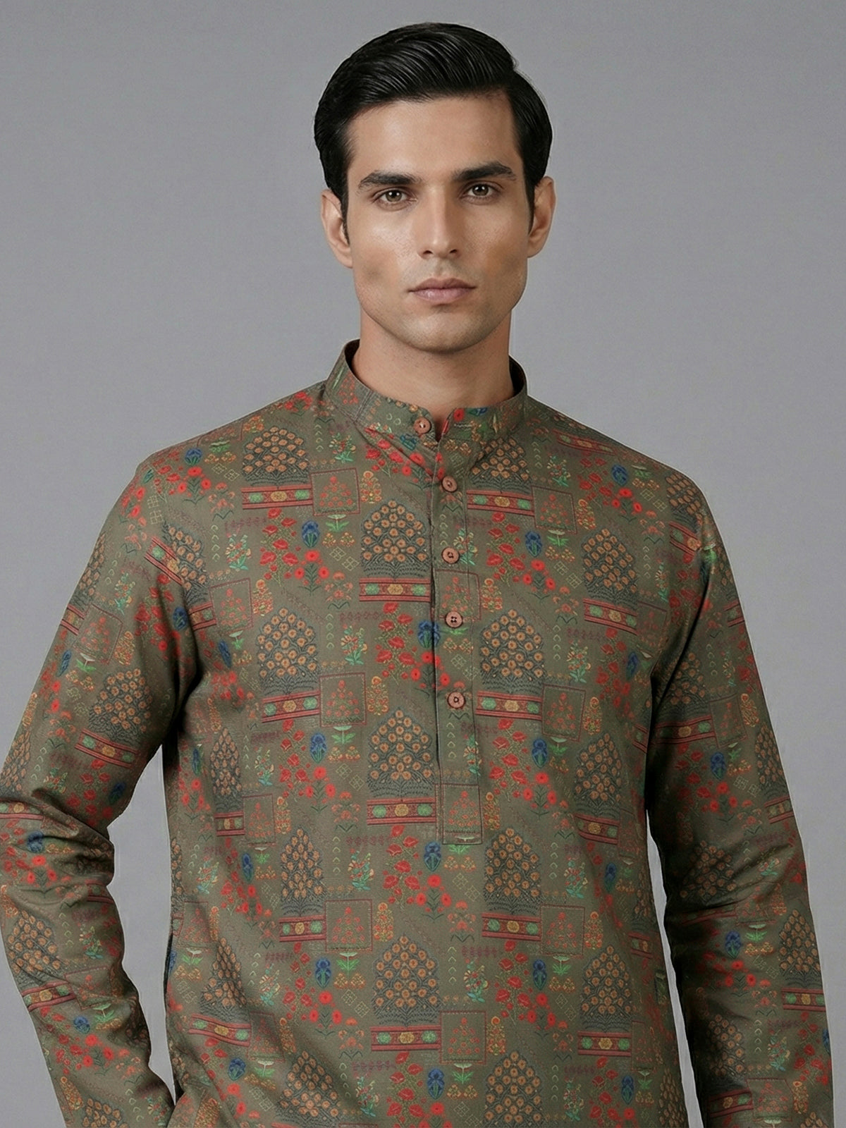 Mehendi olive cotton silk printed festive kurta suit
