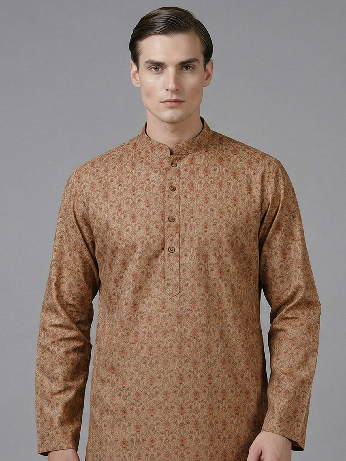 Dusty peach cotton silk printed festive kurta suit