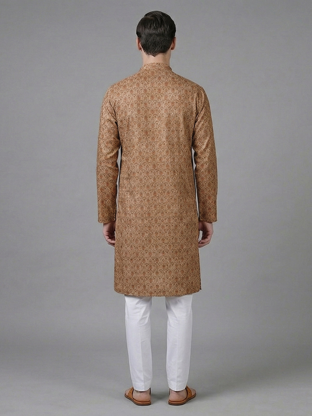Dusty peach cotton silk printed festive kurta suit