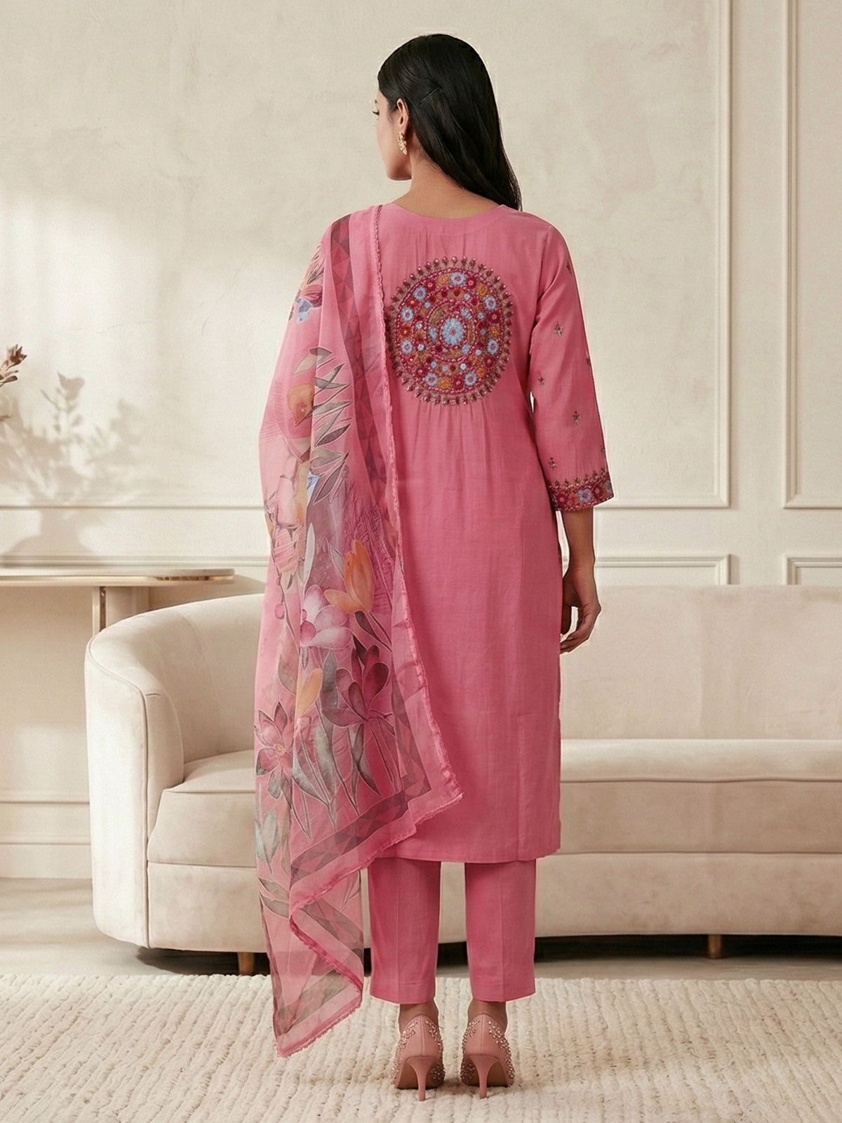 Pink silk straight cut festive kurti set with dupatta