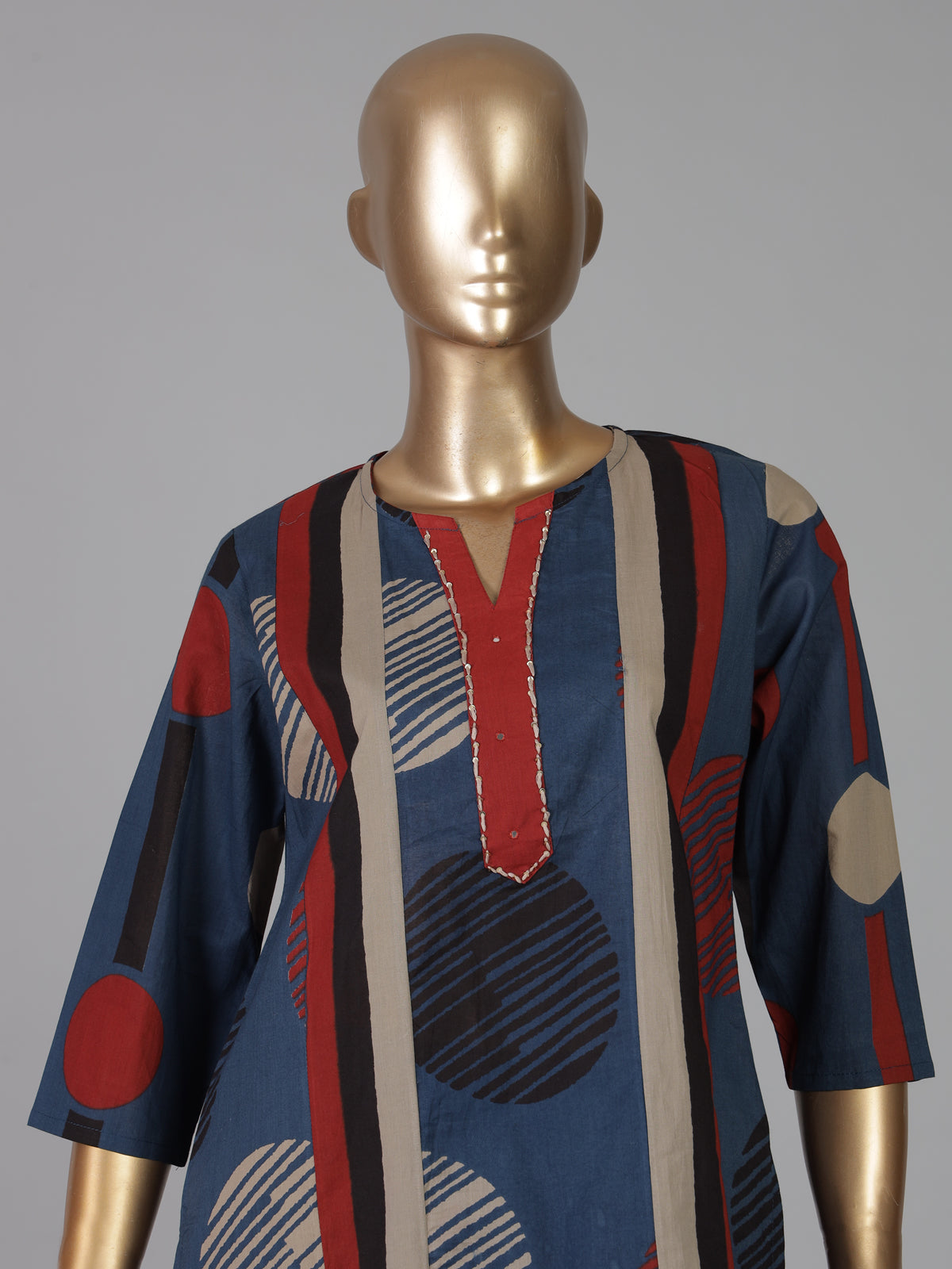 Navy blue cotton silk printed festive kurti set with dupatta