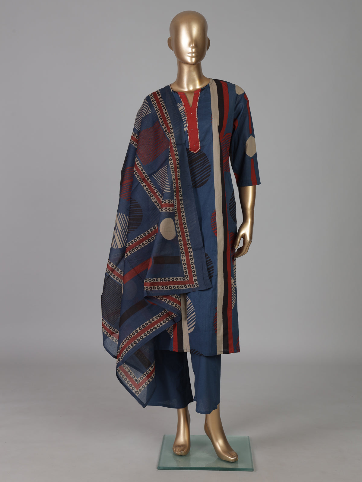 Navy blue cotton silk printed festive kurti set with dupatta