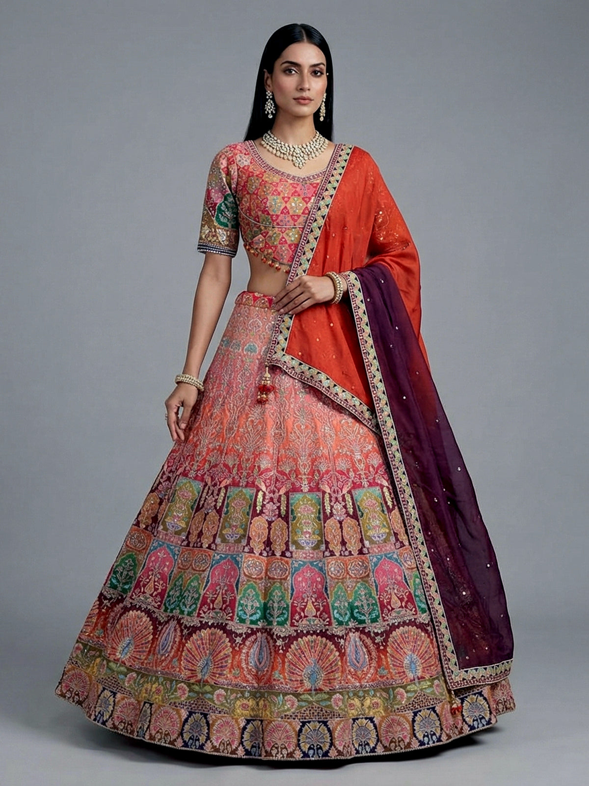 Multicolor silk motif half sleeve festive lehenga choli