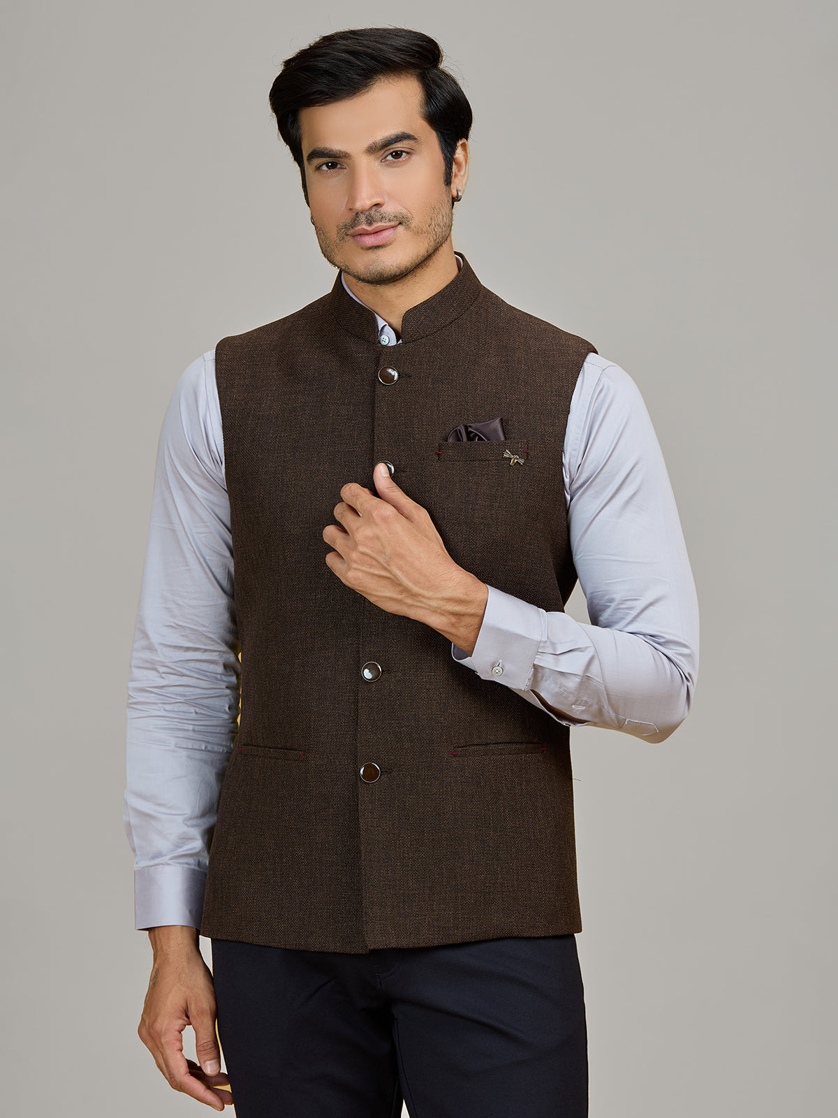 Brown formal wear jute waistcoat for men