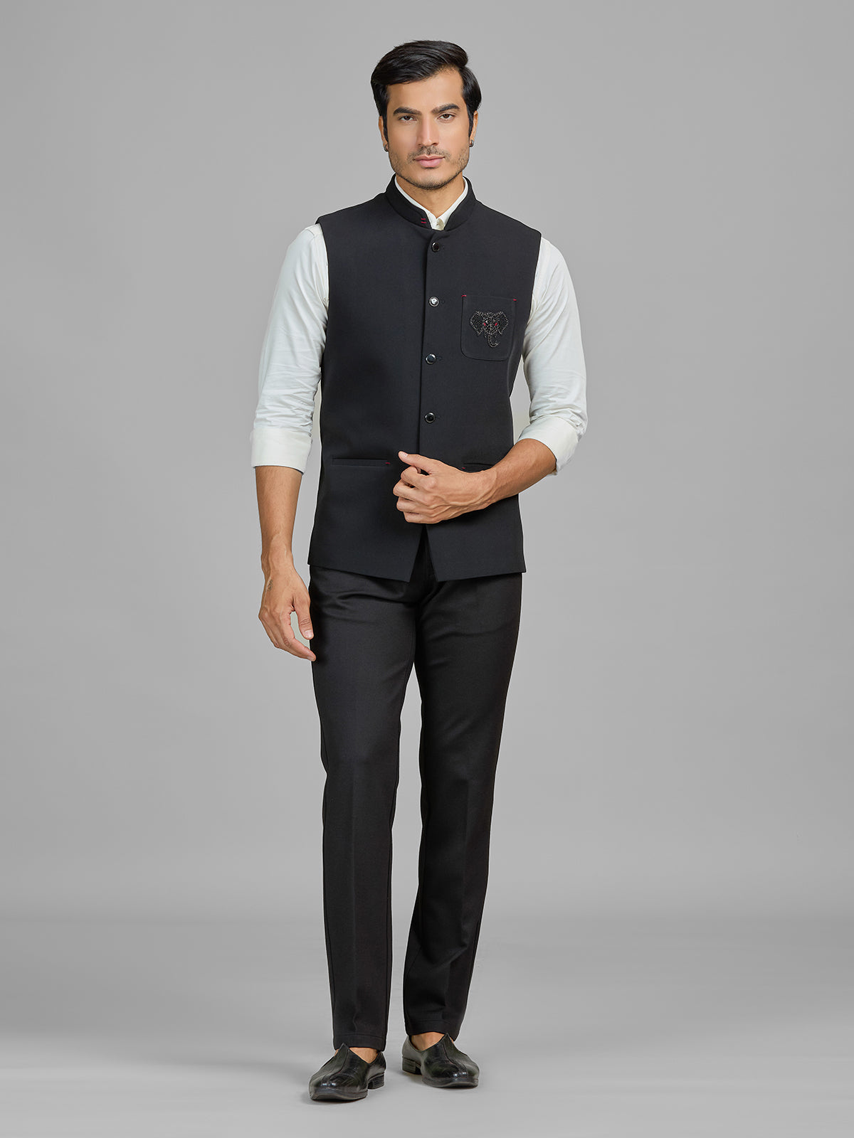 Black terry rayon waistcoat with embellished pocket