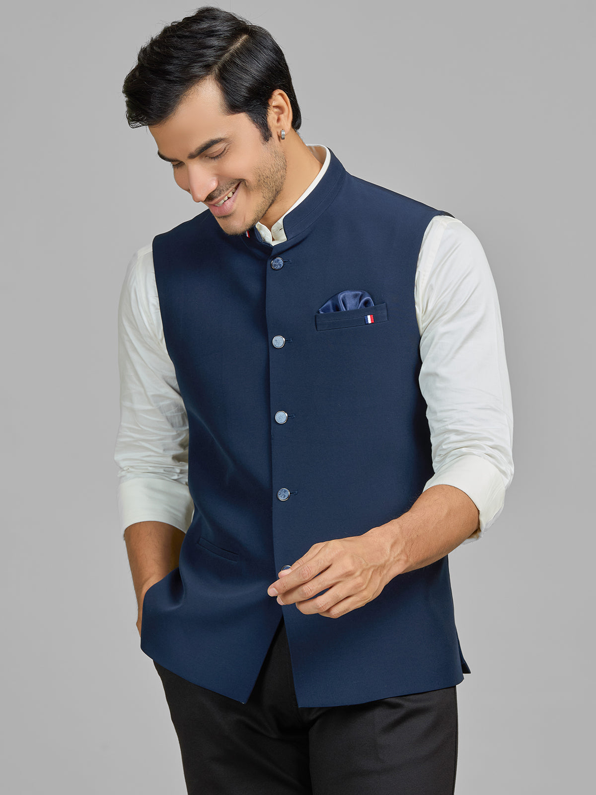 Navy terry rayon waistcoat for party wear