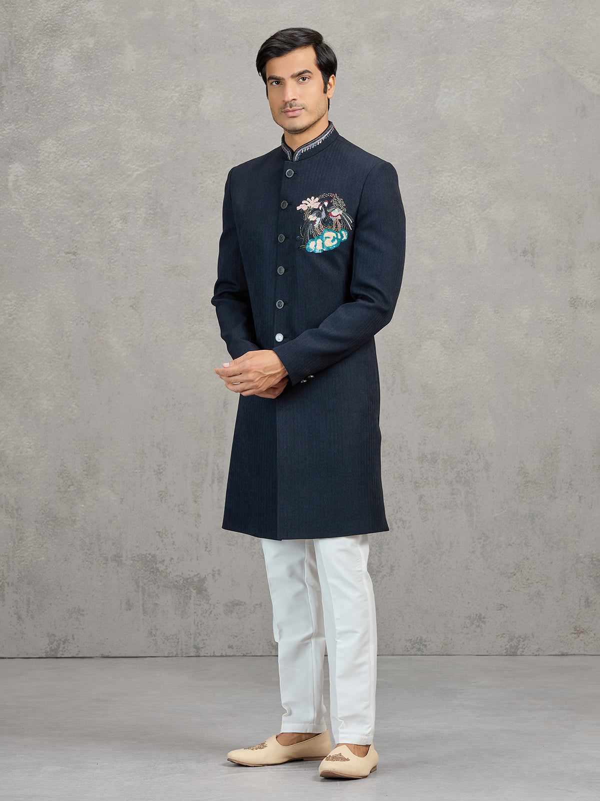 Navy linen viscose wedding wear indowestern set for men