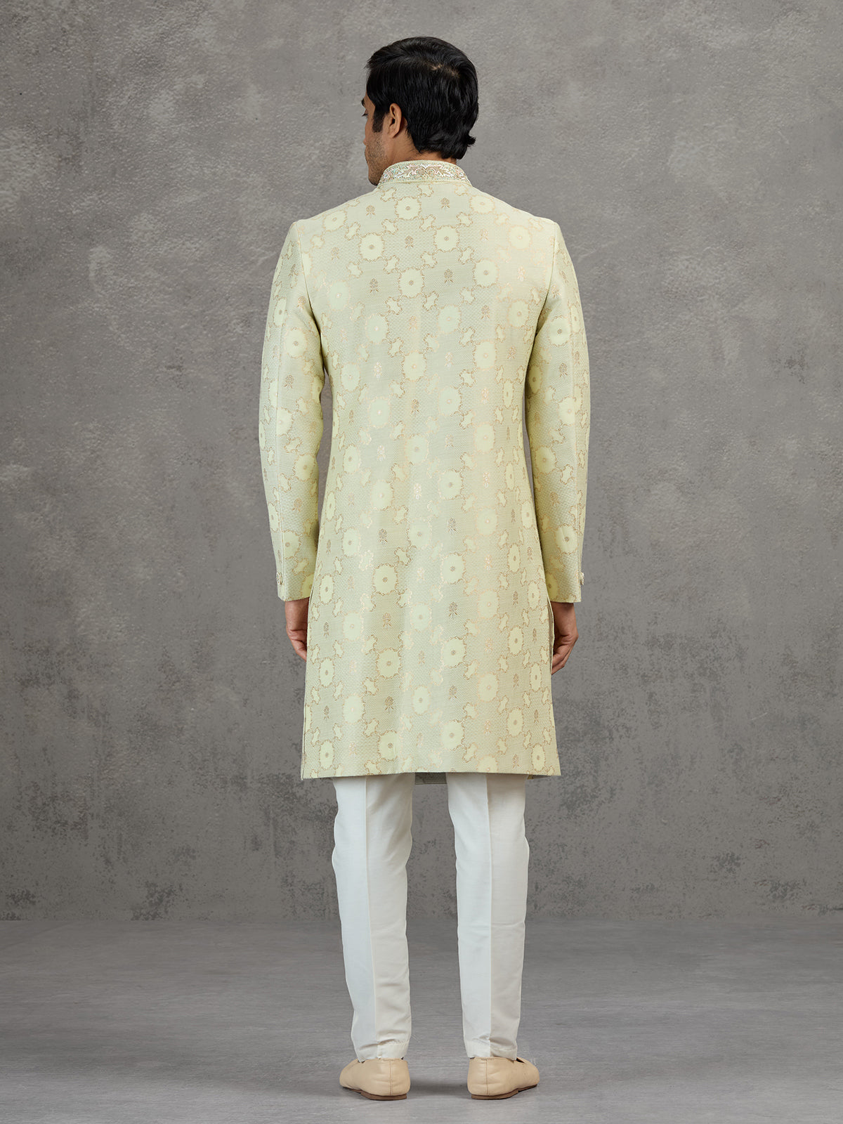 Ivory jacquard wedding indowestern set with zari work