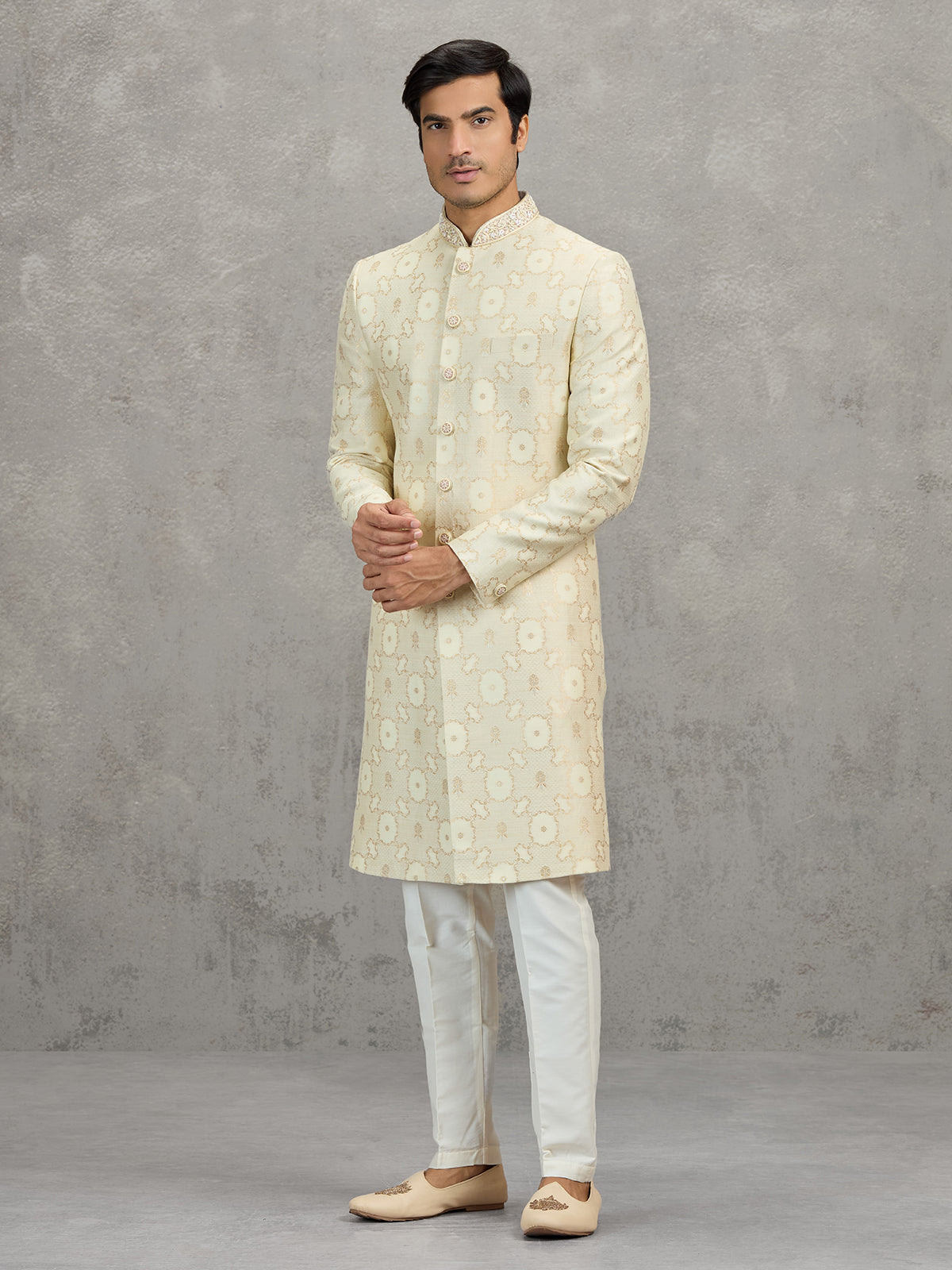 Cream jacquard zari worked indowestern set for weddings