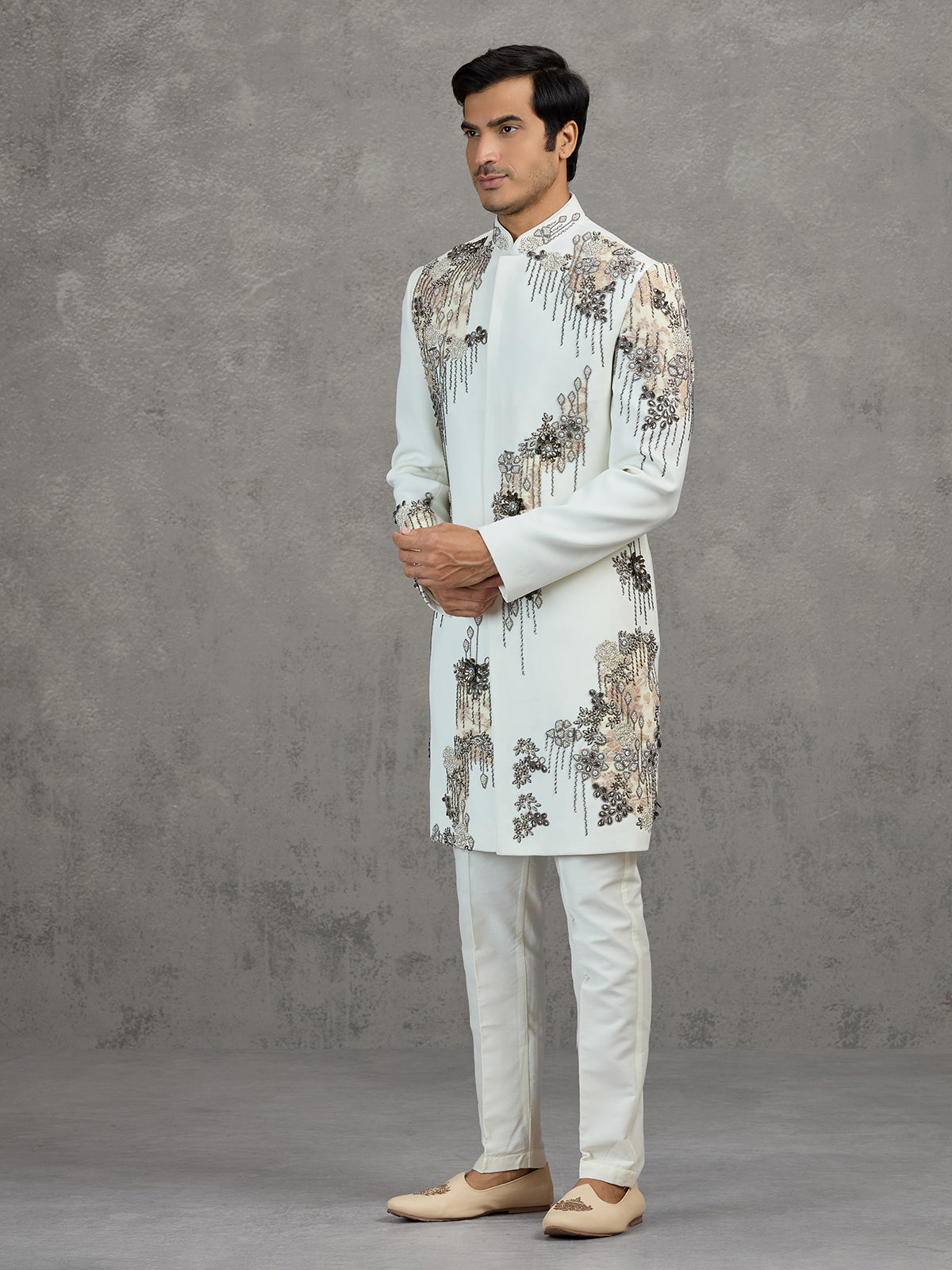 Off-white terry rayon wedding indowestern set with intricate detailing