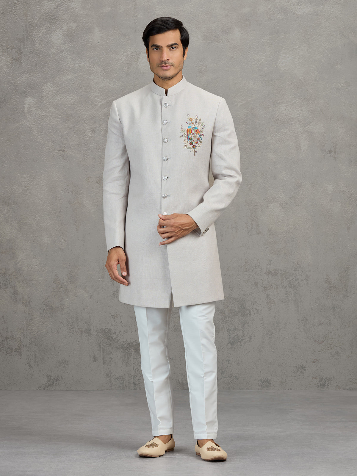 Beige matka silk indowestern set for reception wear